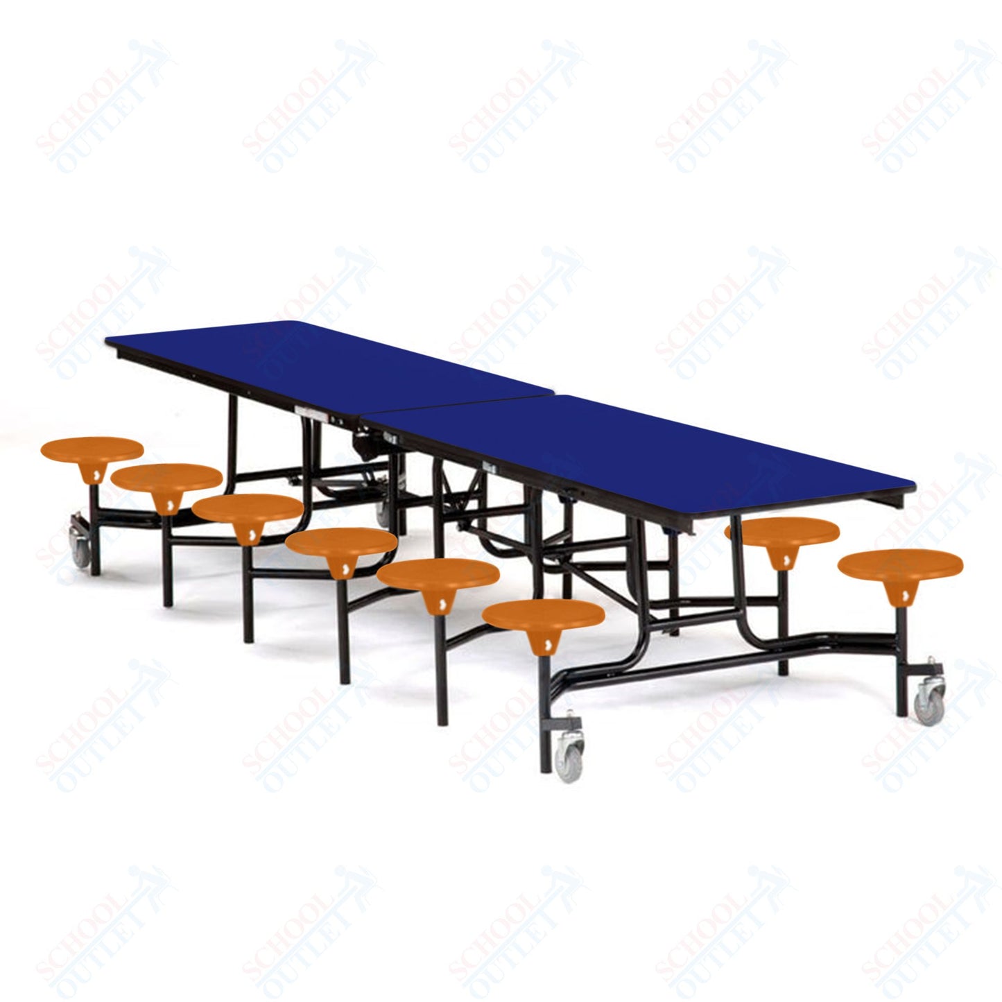Mobile Cafeteria Lunchroom Stool Table - 30" W x 12' L - 12 Stools - Plywood Core - T-Molding Edge -  Black Powdercoated Frame