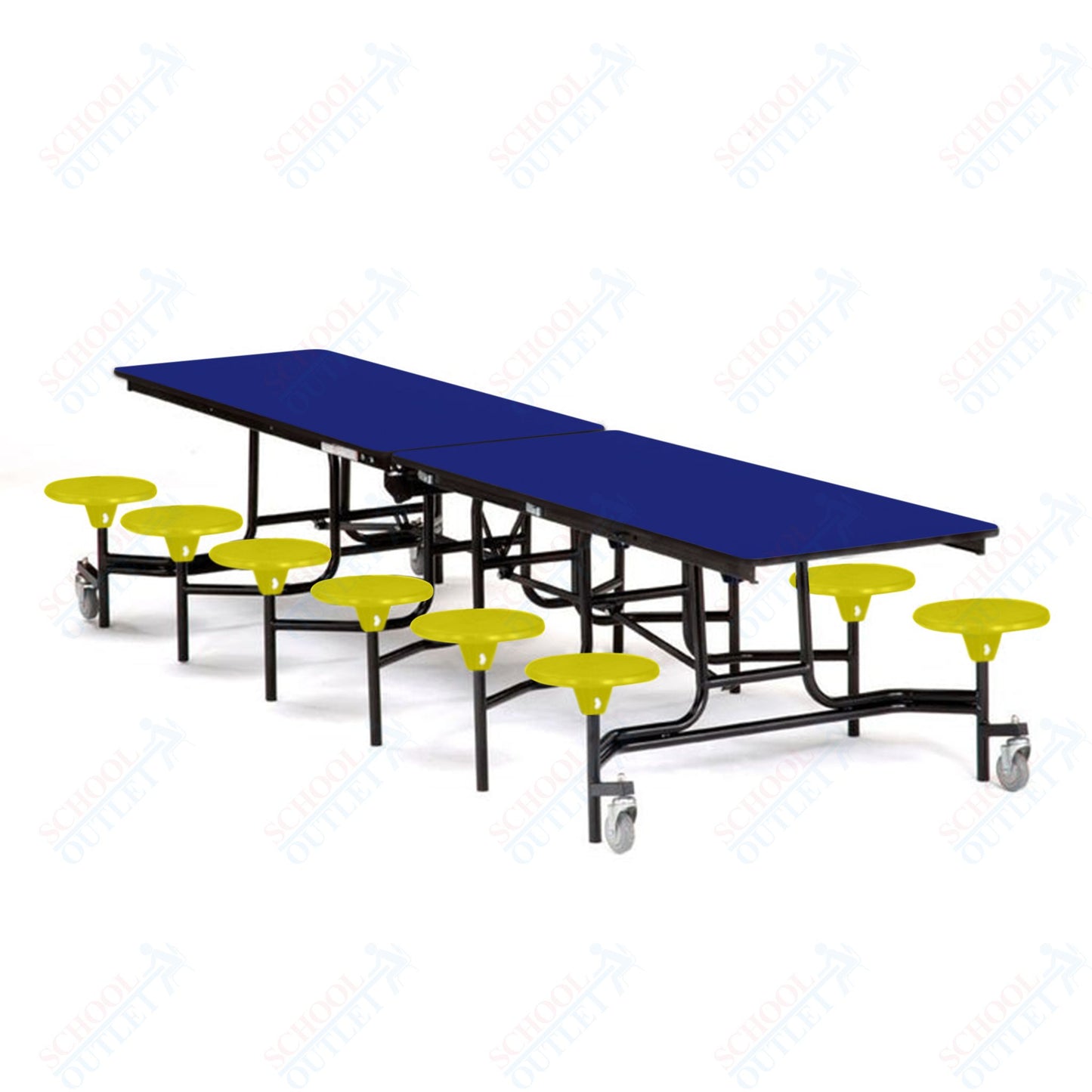 Mobile Cafeteria Lunchroom Stool Table - 30" W x 12' L - 12 Stools - Plywood Core - T-Molding Edge -  Black Powdercoated Frame