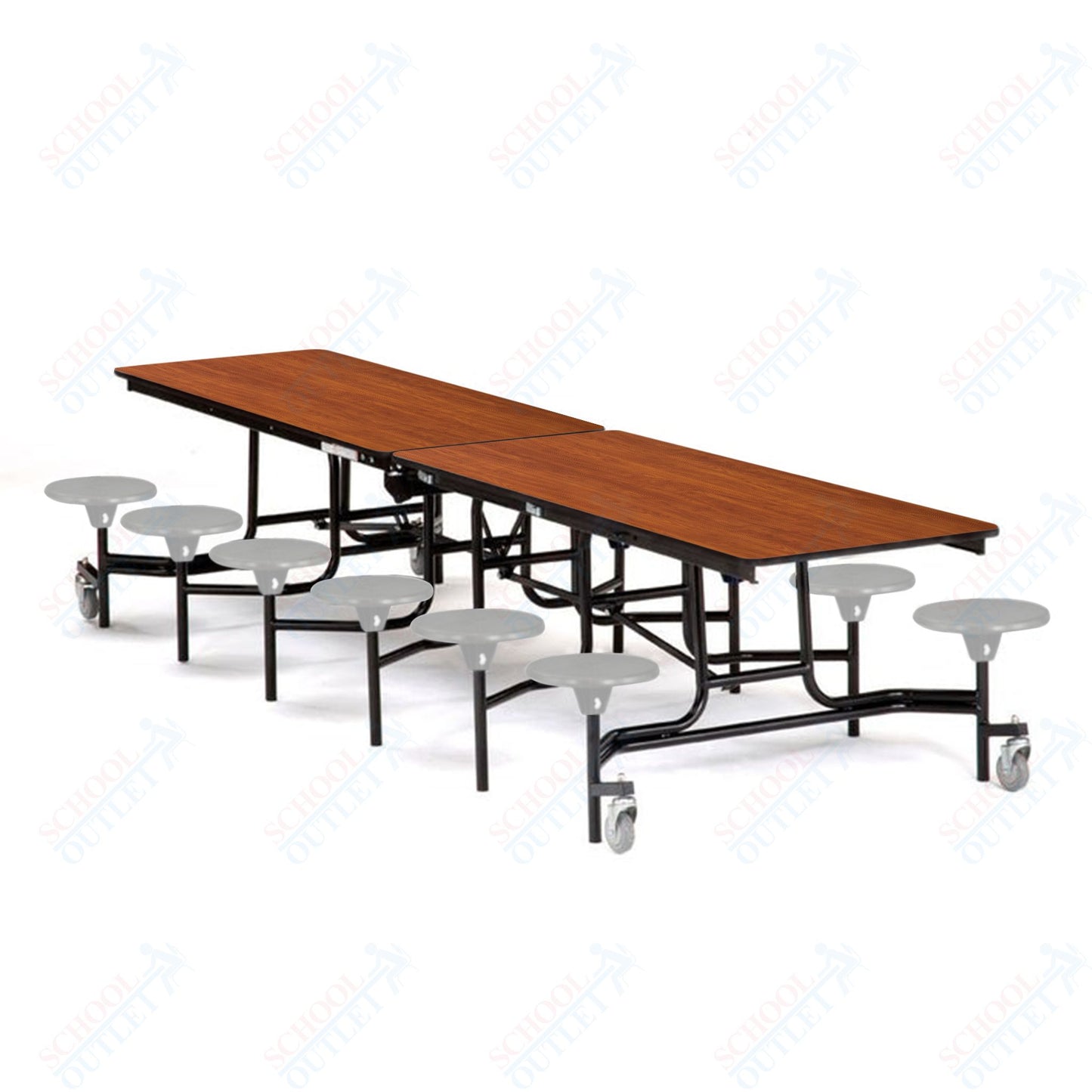 Mobile Cafeteria Lunchroom Stool Table - 30" W x 12' L - 12 Stools - Plywood Core - T-Molding Edge -  Black Powdercoated Frame