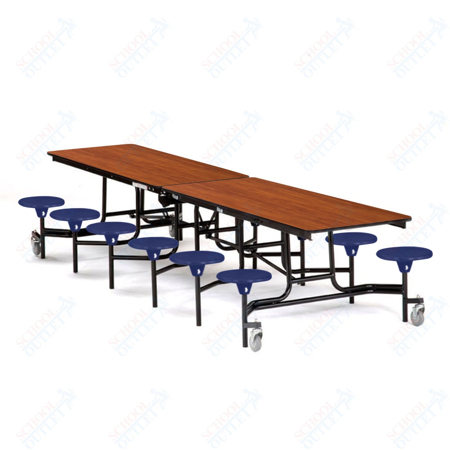 Mobile Cafeteria Lunchroom Stool Table - 30" W x 12' L - 12 Stools - Plywood Core - T-Molding Edge -  Black Powdercoated Frame