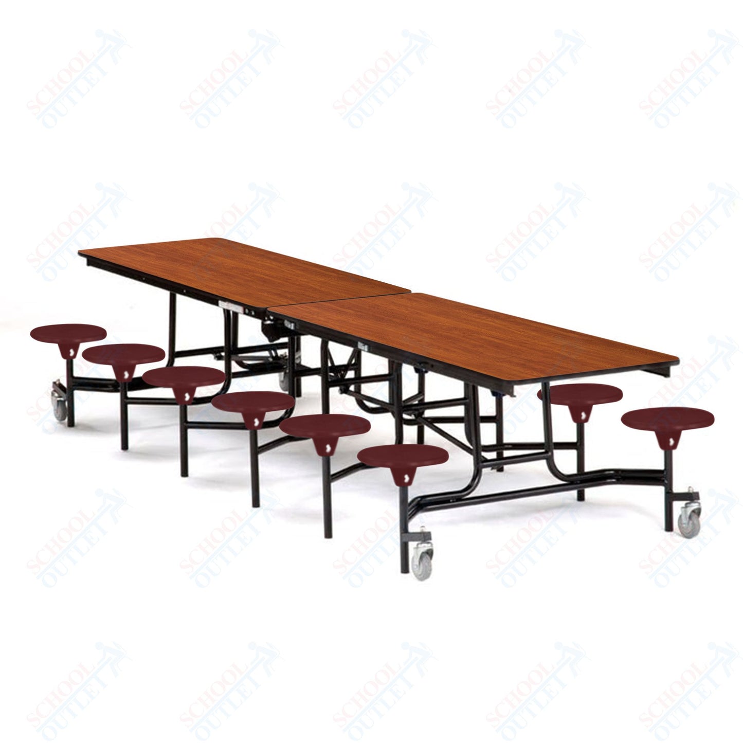 Mobile Cafeteria Lunchroom Stool Table - 30" W x 12' L - 12 Stools - Plywood Core - T-Molding Edge -  Black Powdercoated Frame
