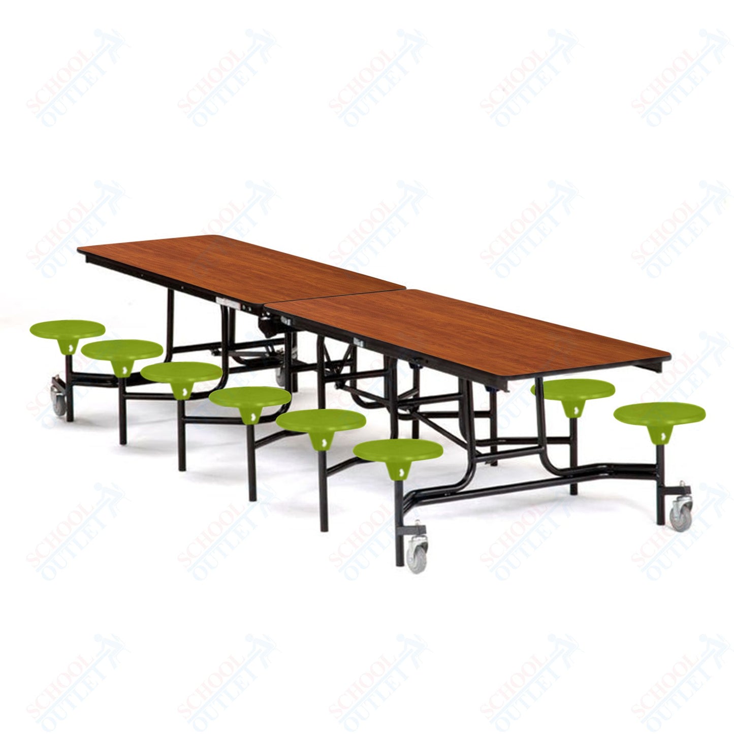 Mobile Cafeteria Lunchroom Stool Table - 30" W x 12' L - 12 Stools - Plywood Core - T-Molding Edge -  Black Powdercoated Frame