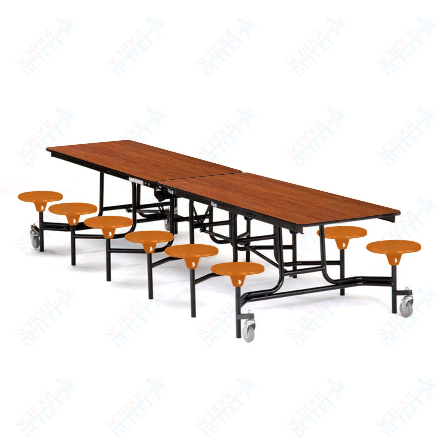Mobile Cafeteria Lunchroom Stool Table - 30" W x 12' L - 12 Stools - Plywood Core - T-Molding Edge -  Black Powdercoated Frame