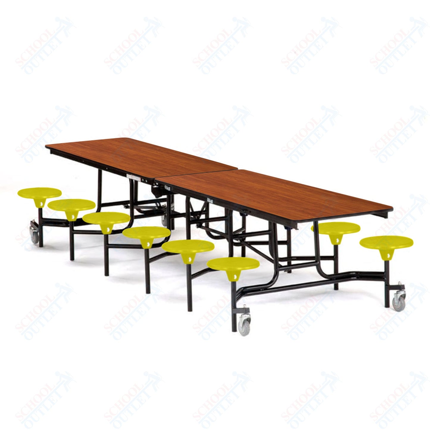 Mobile Cafeteria Lunchroom Stool Table - 30" W x 12' L - 12 Stools - Plywood Core - T-Molding Edge -  Black Powdercoated Frame