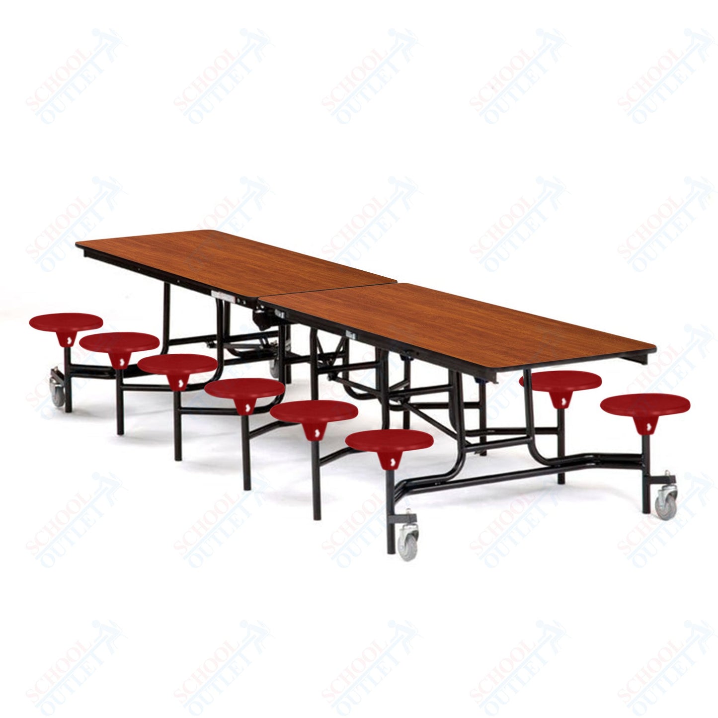 Mobile Cafeteria Lunchroom Stool Table - 30" W x 12' L - 12 Stools - Plywood Core - T-Molding Edge -  Black Powdercoated Frame