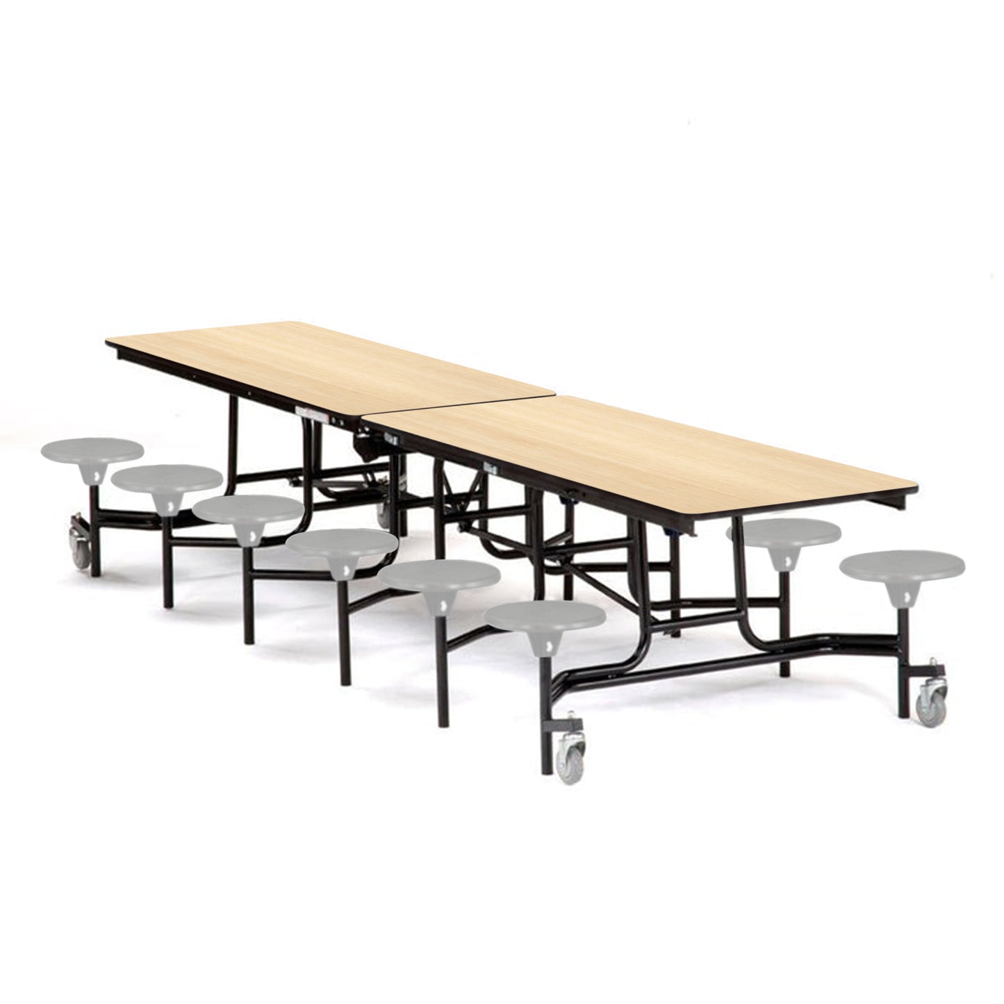 Mobile Cafeteria Lunchroom Stool Table - 30" W x 12' L - 12 Stools - Plywood Core - T-Molding Edge -  Black Powdercoated Frame