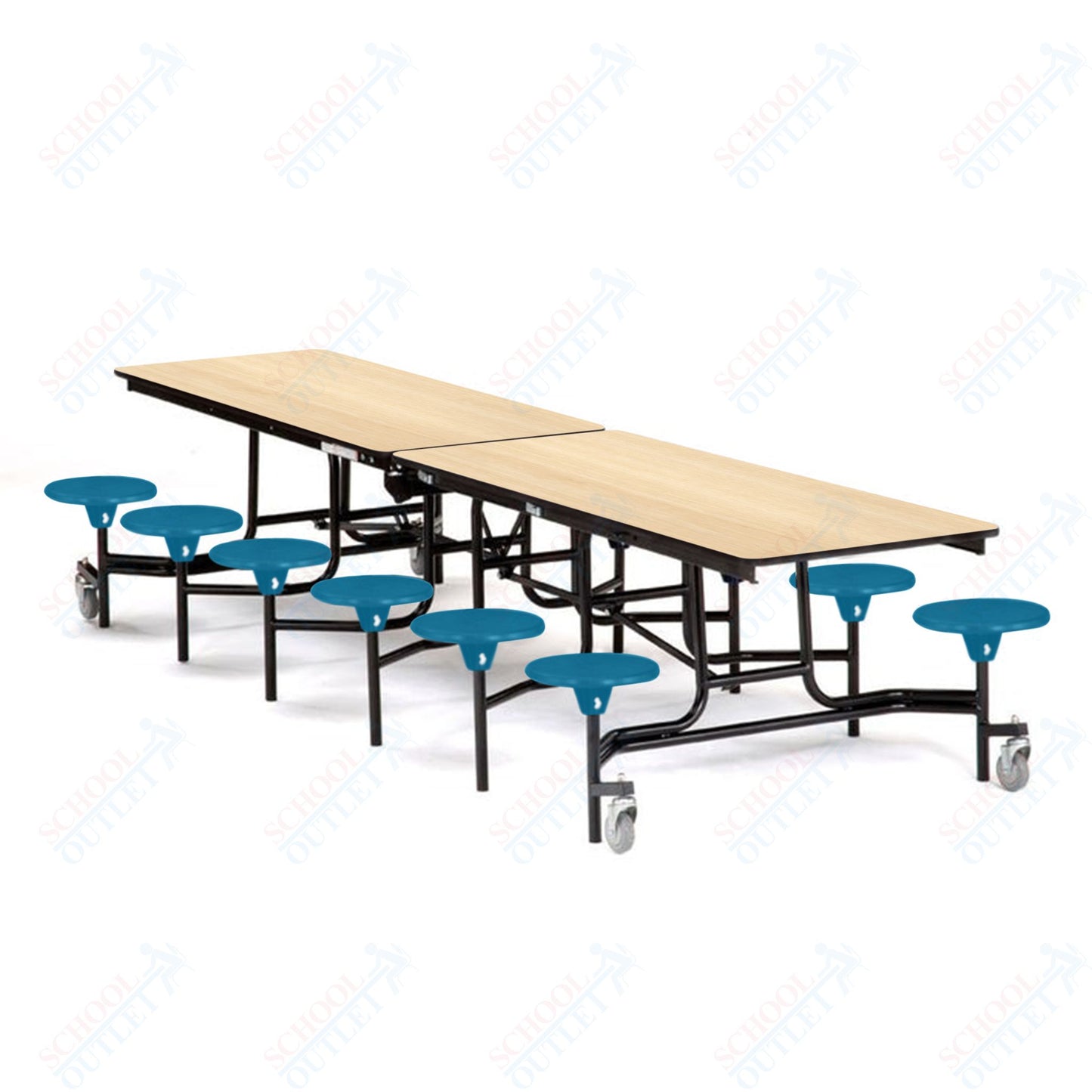 Mobile Cafeteria Lunchroom Stool Table - 30" W x 12' L - 12 Stools - Plywood Core - T-Molding Edge -  Black Powdercoated Frame