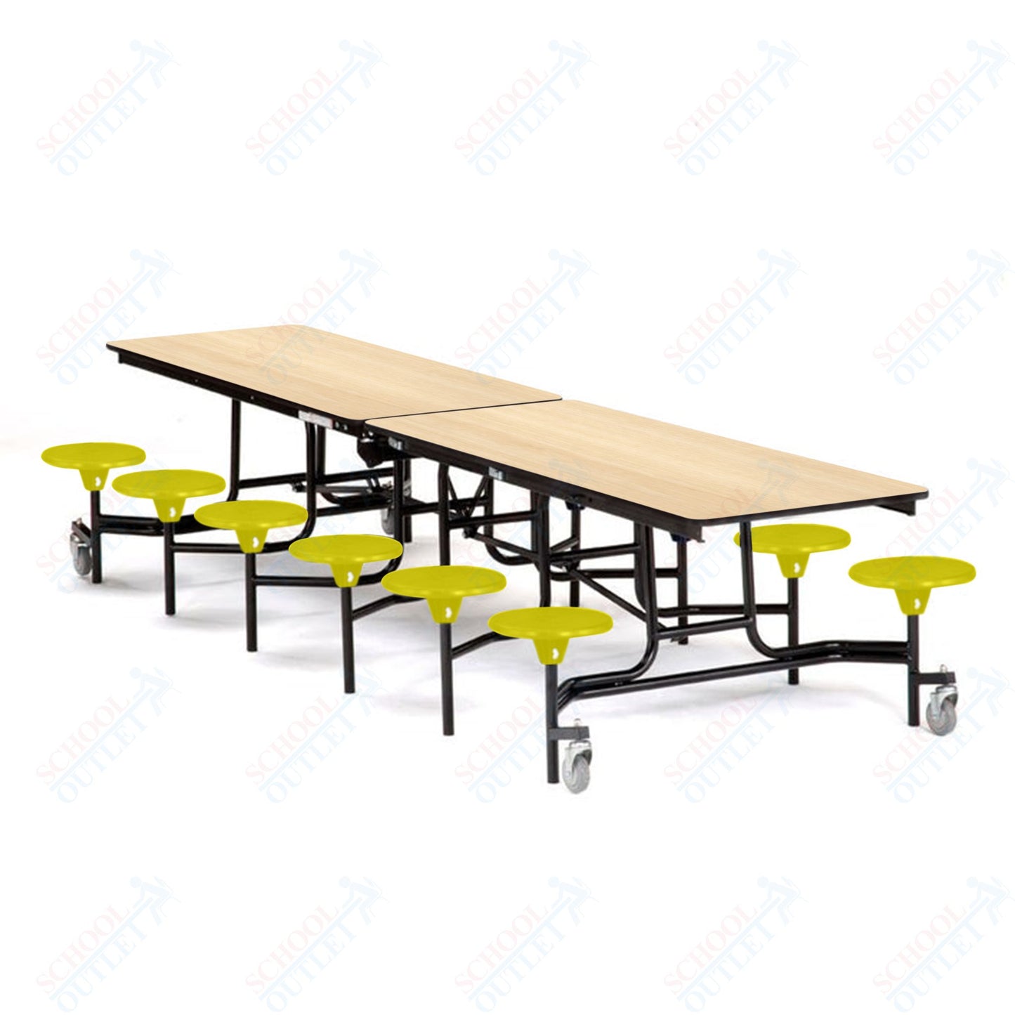 Mobile Cafeteria Lunchroom Stool Table - 30" W x 12' L - 12 Stools - Plywood Core - T-Molding Edge -  Black Powdercoated Frame