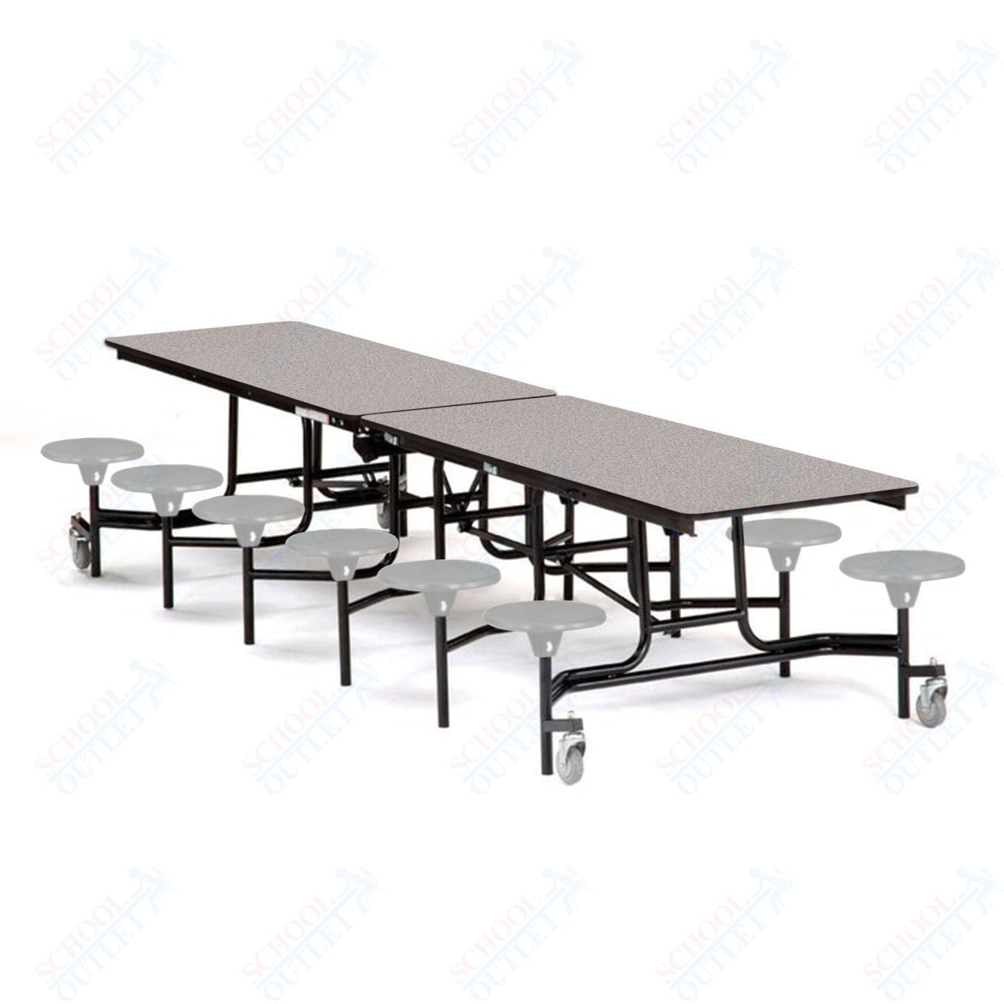 Mobile Cafeteria Lunchroom Stool Table - 30" W x 12' L - 12 Stools - Plywood Core - T-Molding Edge -  Black Powdercoated Frame