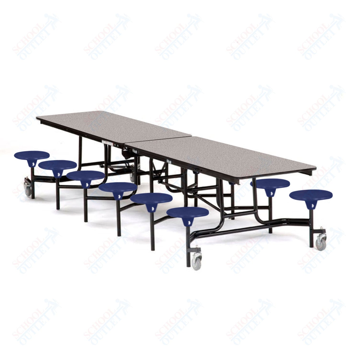 Mobile Cafeteria Lunchroom Stool Table - 30" W x 12' L - 12 Stools - Plywood Core - T-Molding Edge -  Black Powdercoated Frame