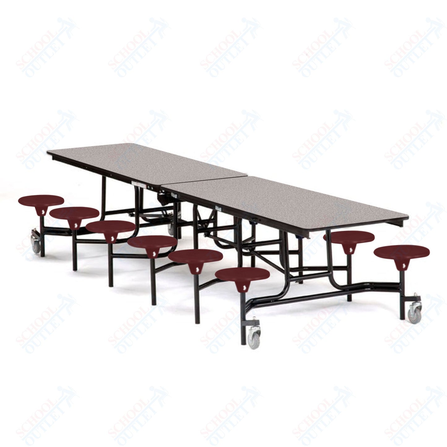Mobile Cafeteria Lunchroom Stool Table - 30" W x 12' L - 12 Stools - Plywood Core - T-Molding Edge -  Black Powdercoated Frame