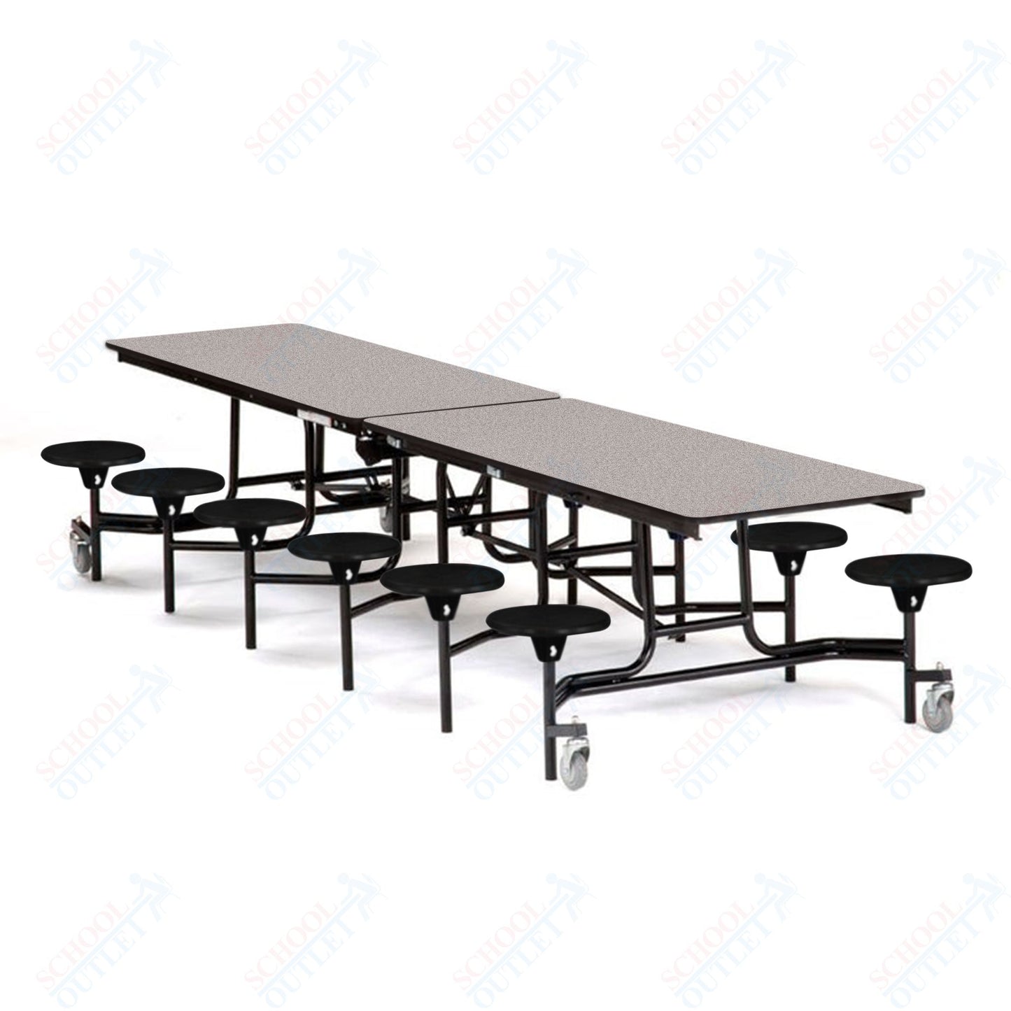 Mobile Cafeteria Lunchroom Stool Table - 30" W x 12' L - 12 Stools - Plywood Core - T-Molding Edge -  Black Powdercoated Frame