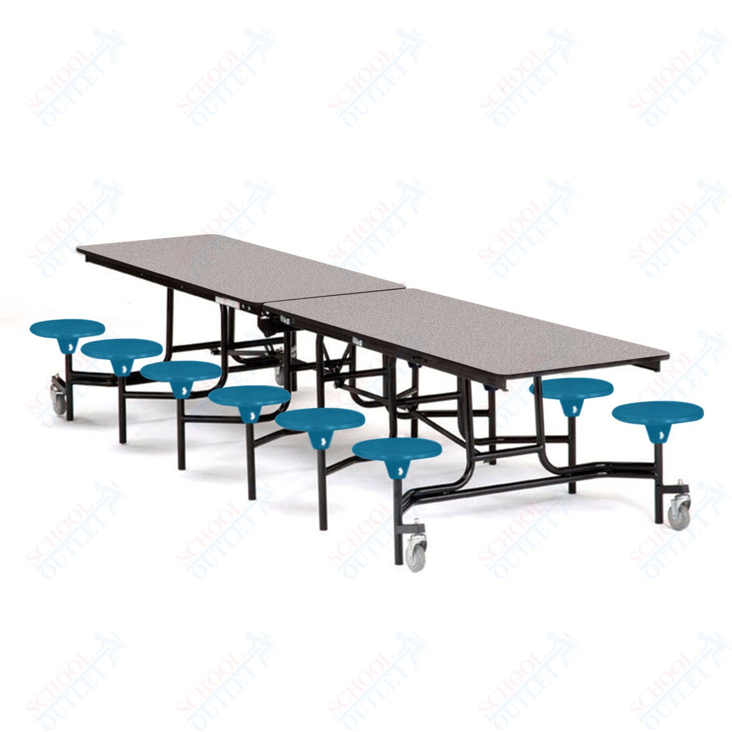 Mobile Cafeteria Lunchroom Stool Table - 30" W x 12' L - 12 Stools - Plywood Core - T-Molding Edge -  Black Powdercoated Frame