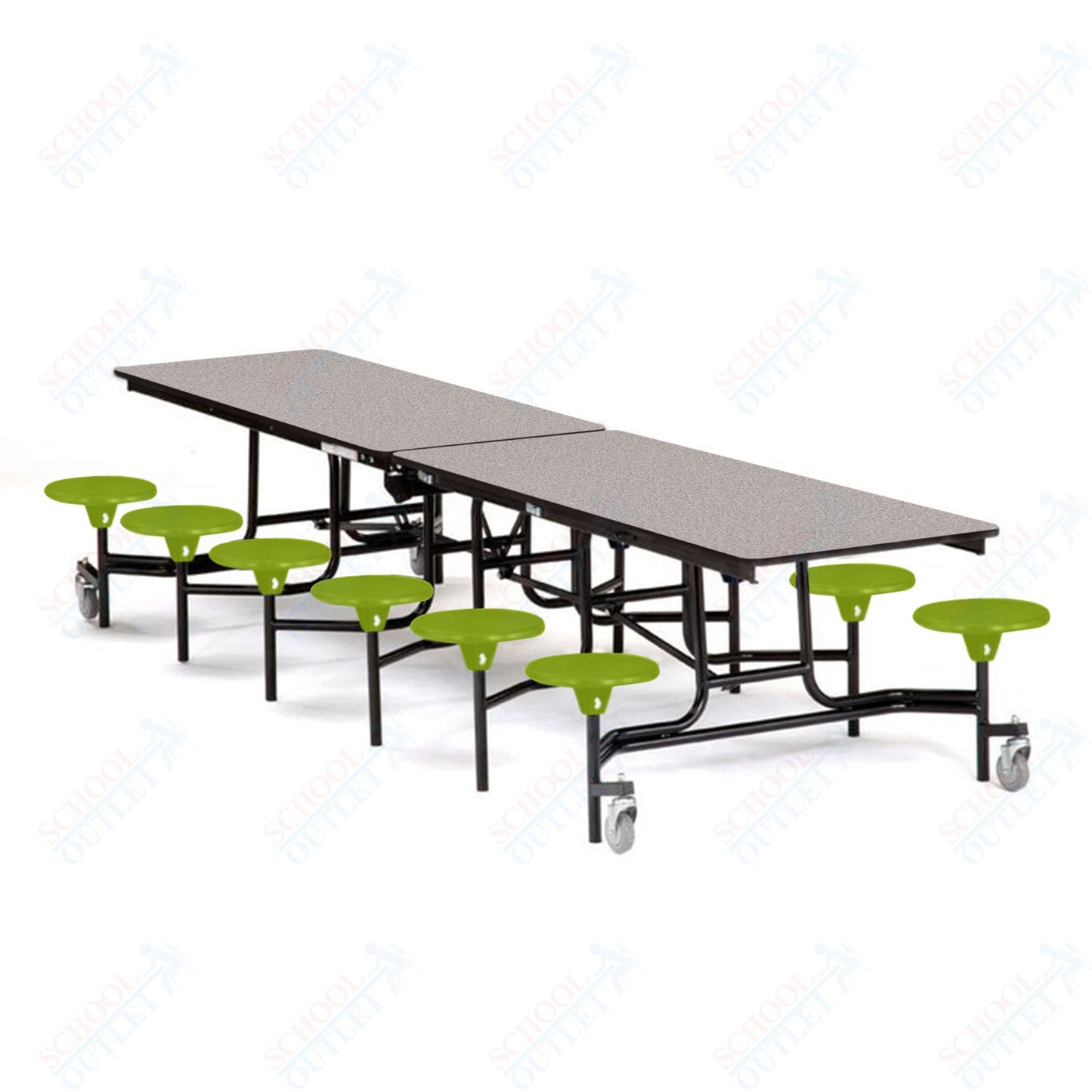 Mobile Cafeteria Lunchroom Stool Table - 30" W x 12' L - 12 Stools - Plywood Core - T-Molding Edge -  Black Powdercoated Frame