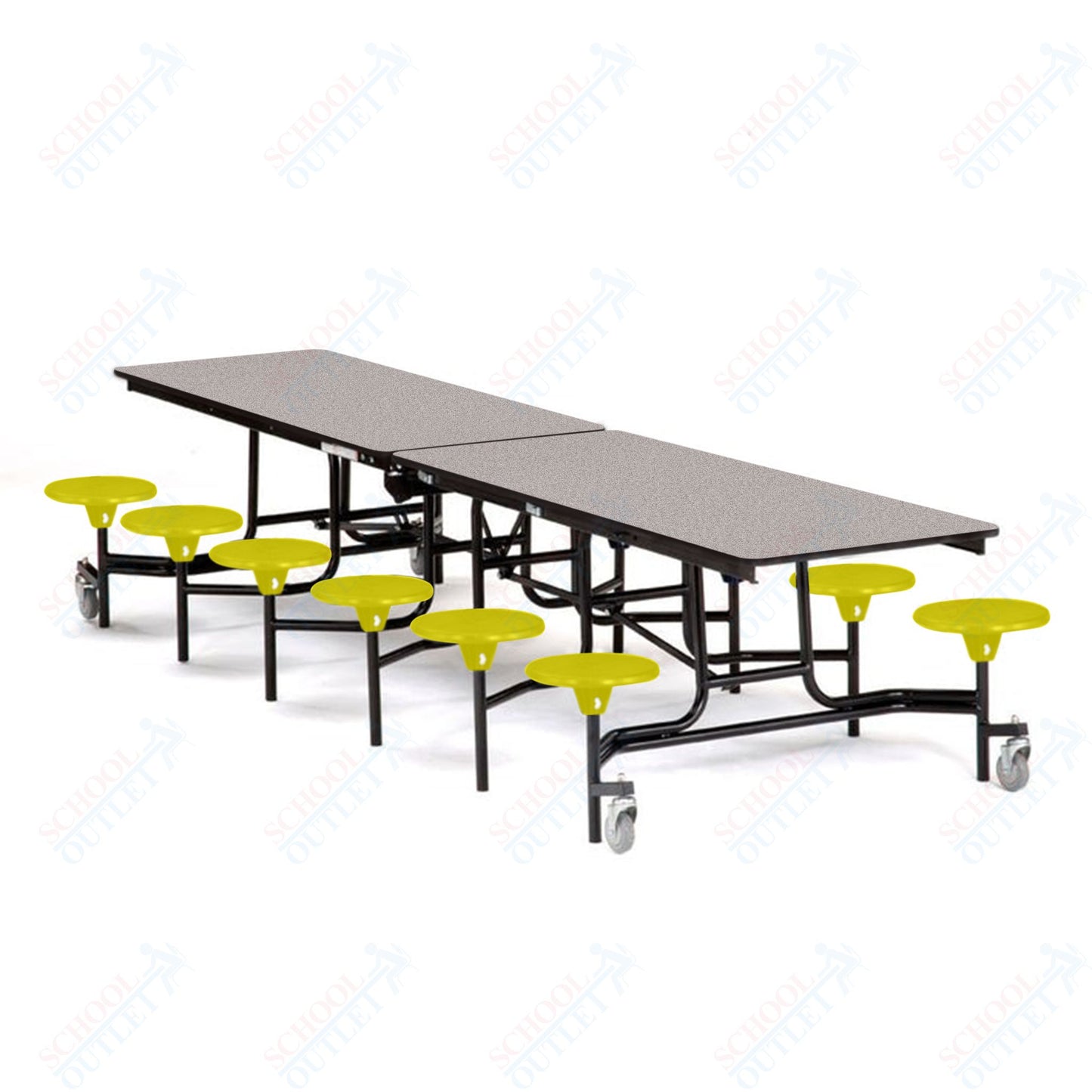 Mobile Cafeteria Lunchroom Stool Table - 30" W x 12' L - 12 Stools - Plywood Core - T-Molding Edge -  Black Powdercoated Frame