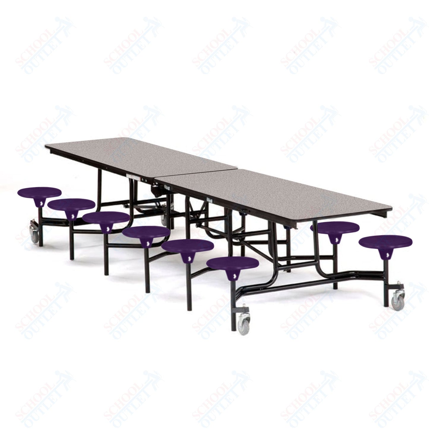 Mobile Cafeteria Lunchroom Stool Table - 30" W x 12' L - 12 Stools - Plywood Core - T-Molding Edge -  Black Powdercoated Frame