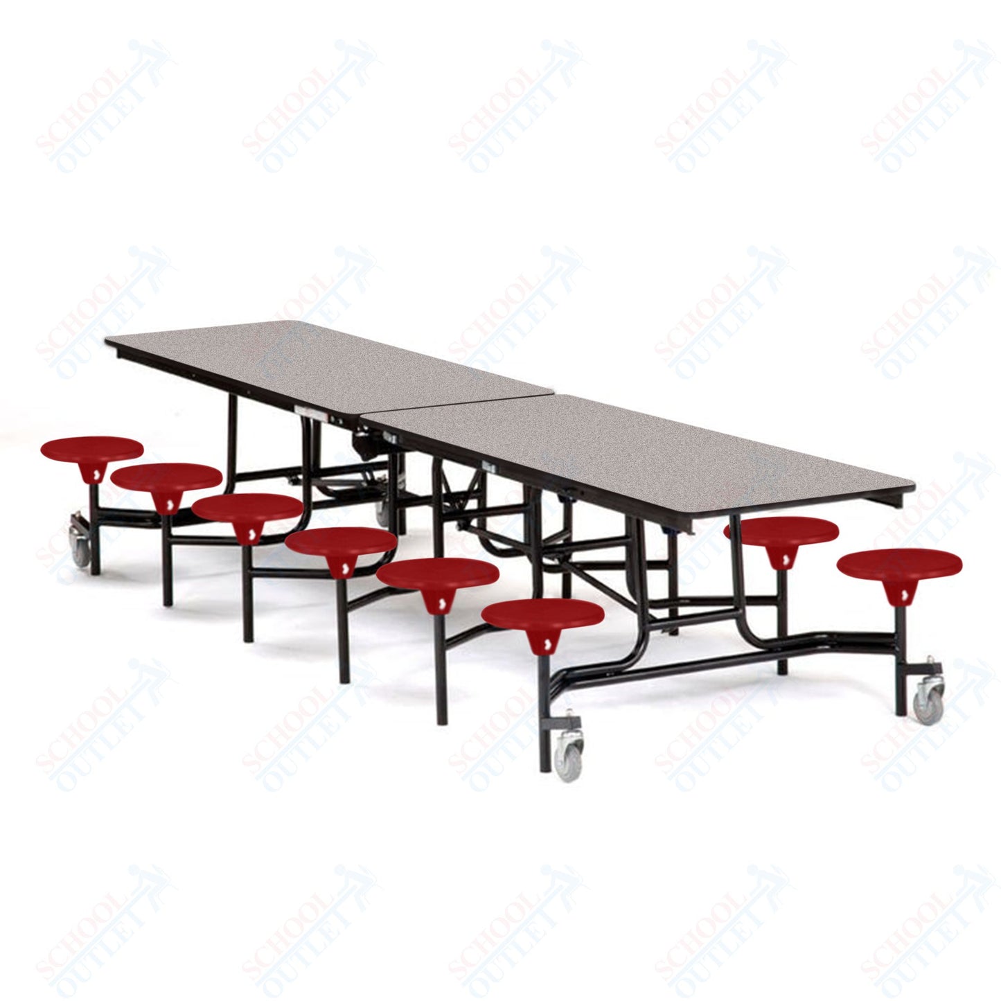 Mobile Cafeteria Lunchroom Stool Table - 30" W x 12' L - 12 Stools - Plywood Core - T-Molding Edge -  Black Powdercoated Frame