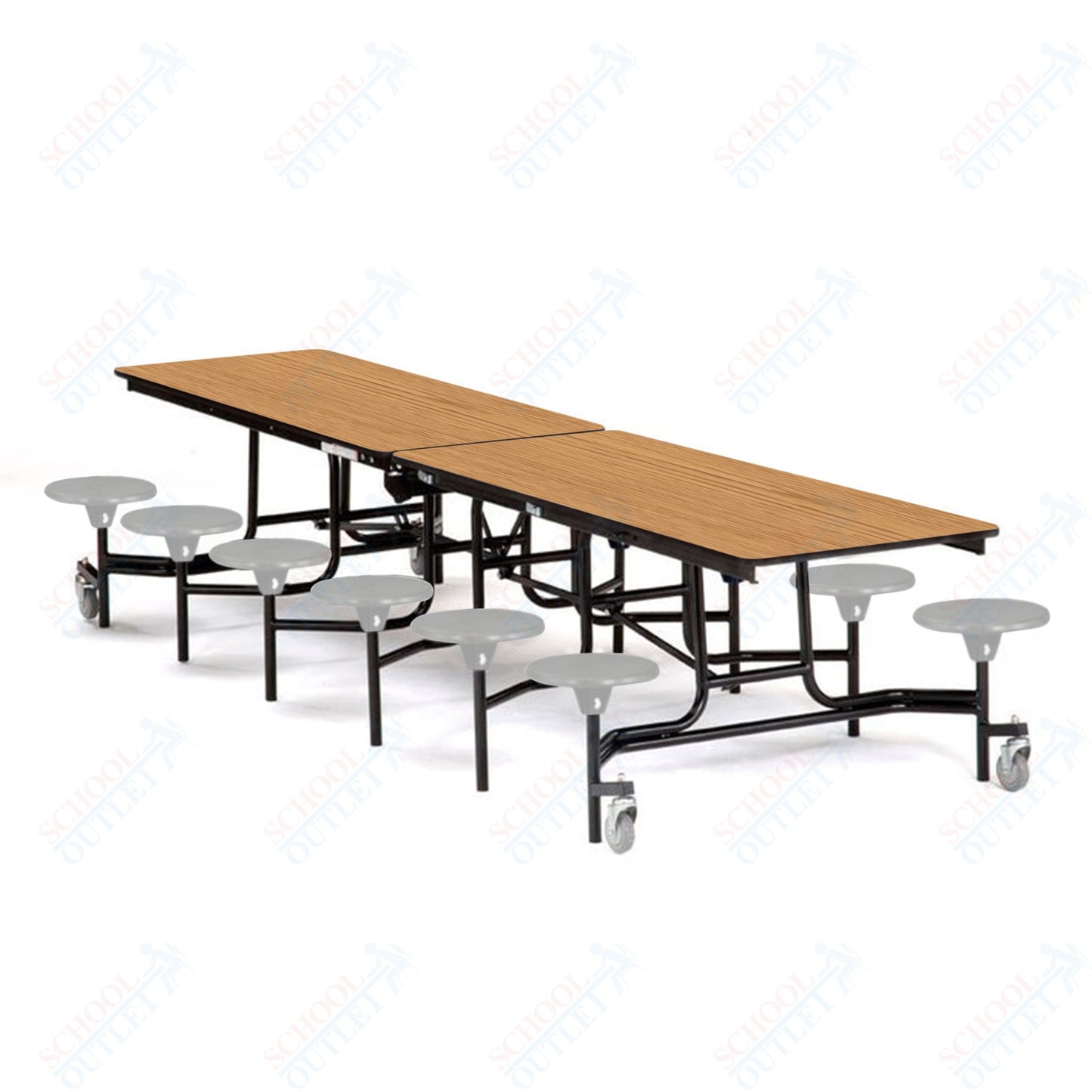 Mobile Cafeteria Lunchroom Stool Table - 30" W x 12' L - 12 Stools - Plywood Core - T-Molding Edge -  Black Powdercoated Frame