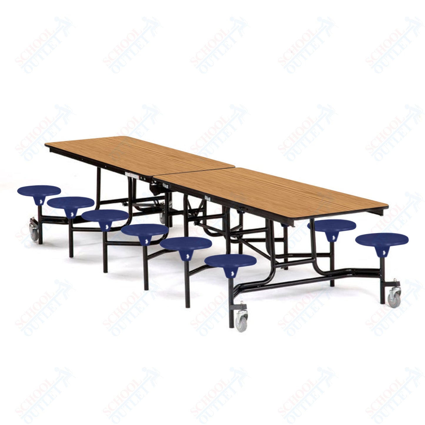 Mobile Cafeteria Lunchroom Stool Table - 30" W x 12' L - 12 Stools - Plywood Core - T-Molding Edge -  Black Powdercoated Frame