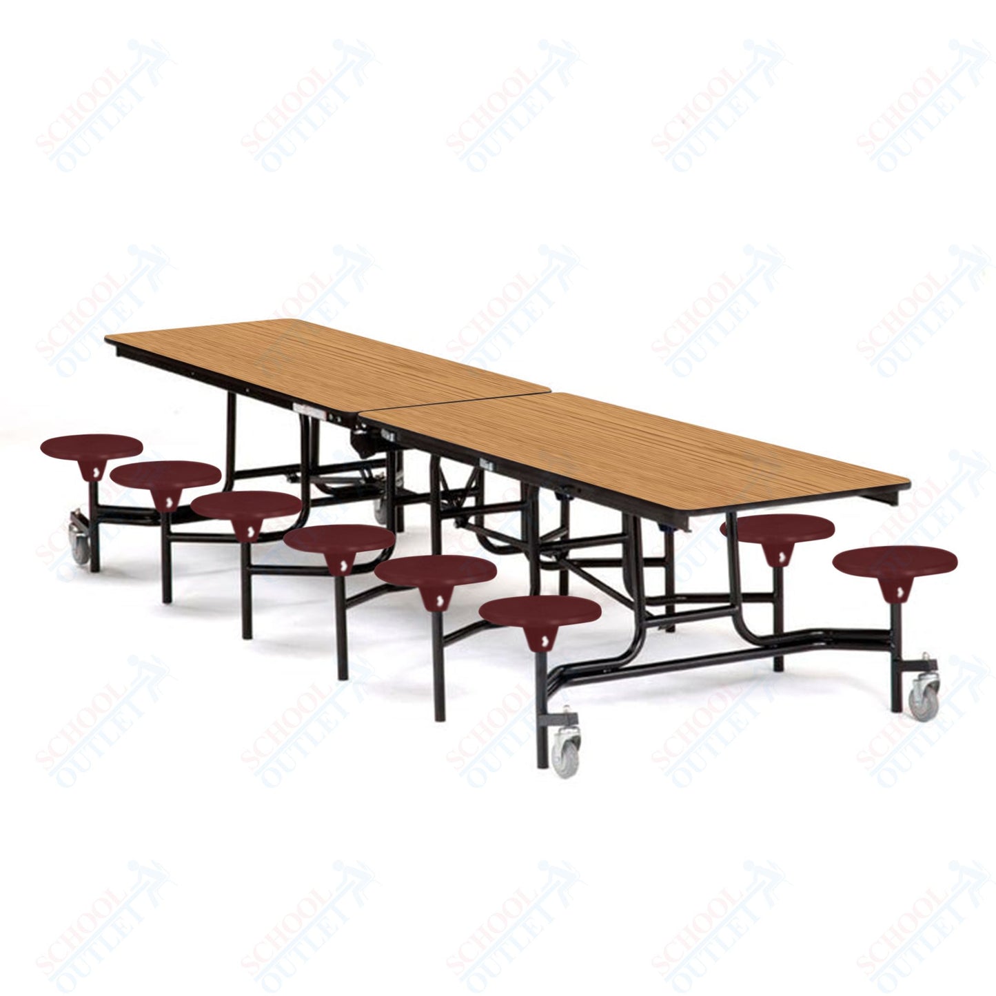 Mobile Cafeteria Lunchroom Stool Table - 30" W x 12' L - 12 Stools - Plywood Core - T-Molding Edge -  Black Powdercoated Frame