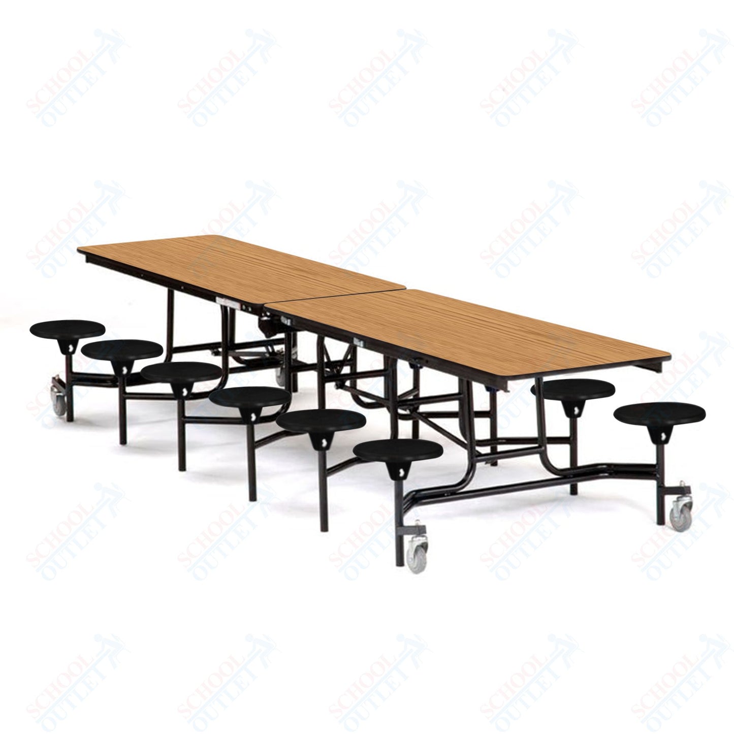 Mobile Cafeteria Lunchroom Stool Table - 30" W x 12' L - 12 Stools - Plywood Core - T-Molding Edge -  Black Powdercoated Frame