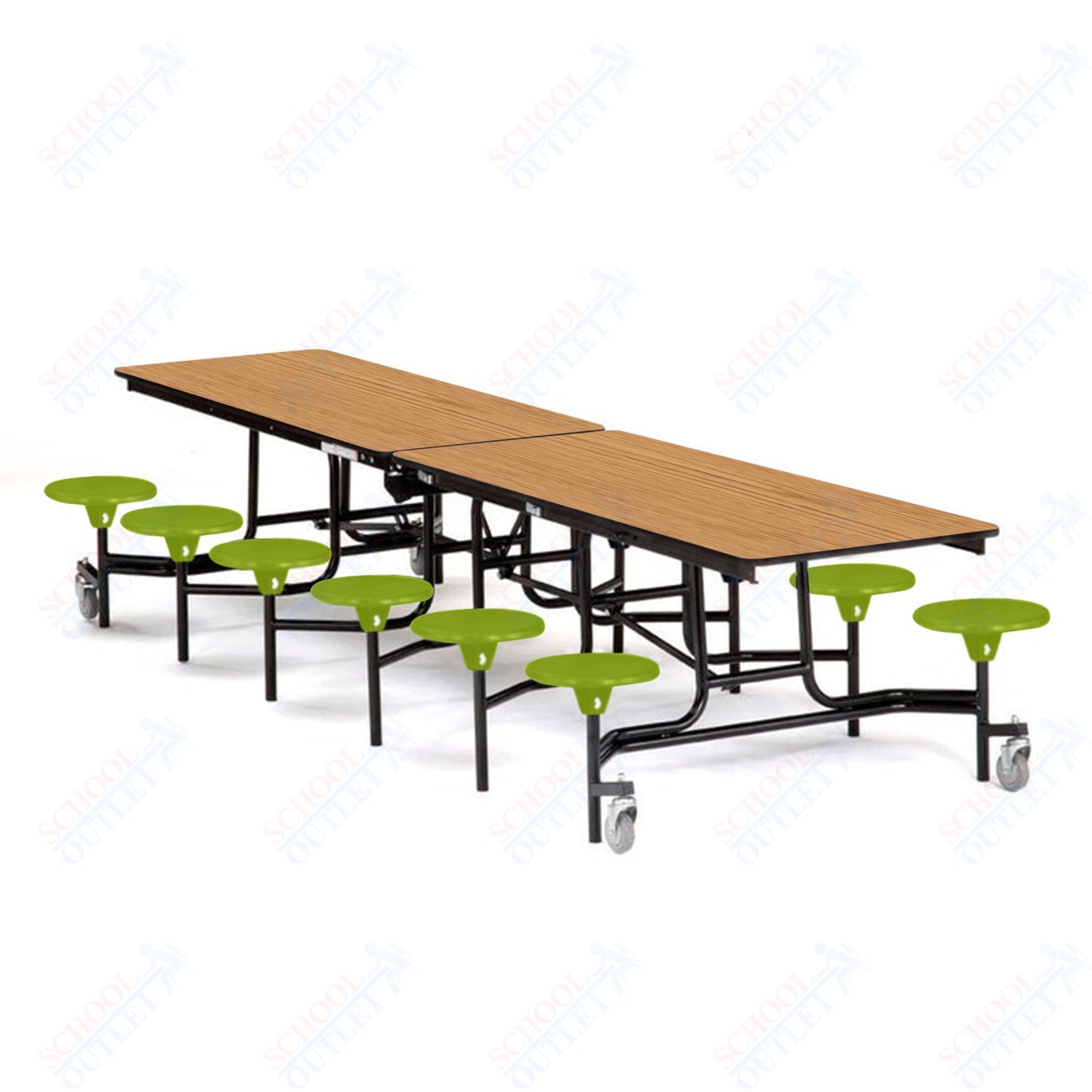 Mobile Cafeteria Lunchroom Stool Table - 30" W x 12' L - 12 Stools - Plywood Core - T-Molding Edge -  Black Powdercoated Frame