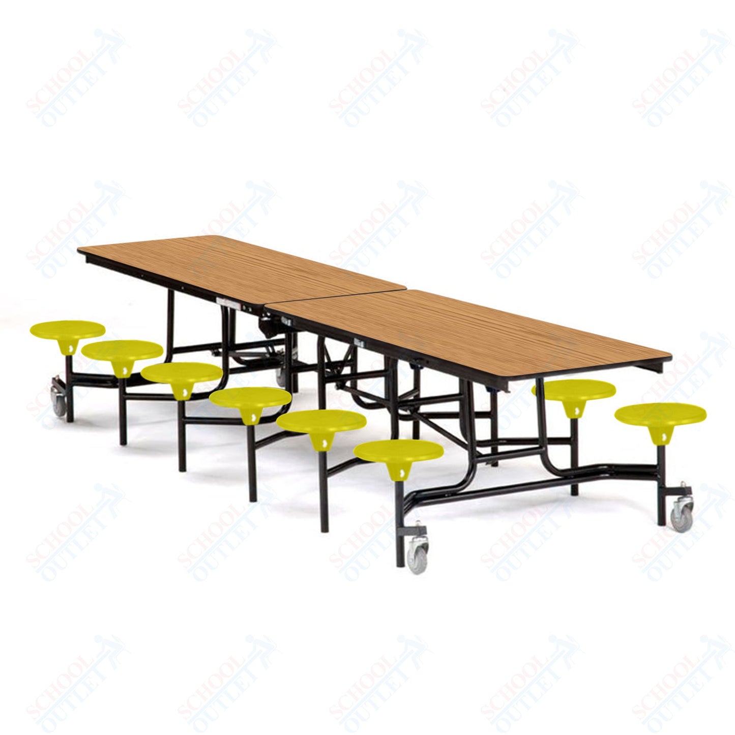 Mobile Cafeteria Lunchroom Stool Table - 30" W x 12' L - 12 Stools - Plywood Core - T-Molding Edge -  Black Powdercoated Frame