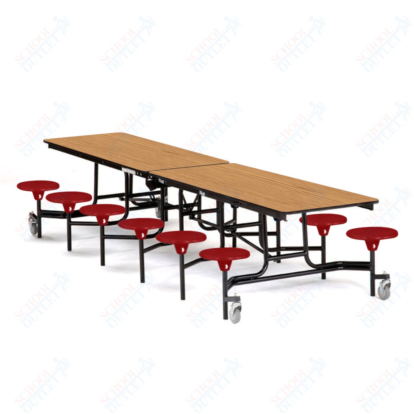 Mobile Cafeteria Lunchroom Stool Table - 30" W x 12' L - 12 Stools - Plywood Core - T-Molding Edge -  Black Powdercoated Frame