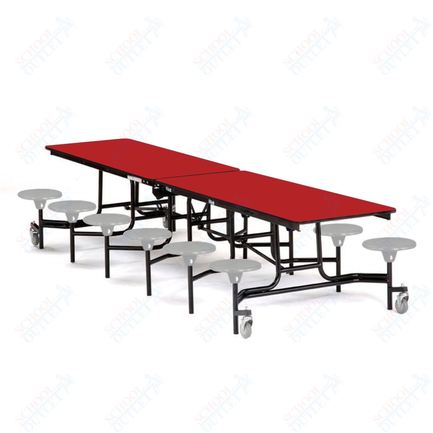 Mobile Cafeteria Lunchroom Stool Table - 30" W x 12' L - 12 Stools - Plywood Core - T-Molding Edge -  Black Powdercoated Frame