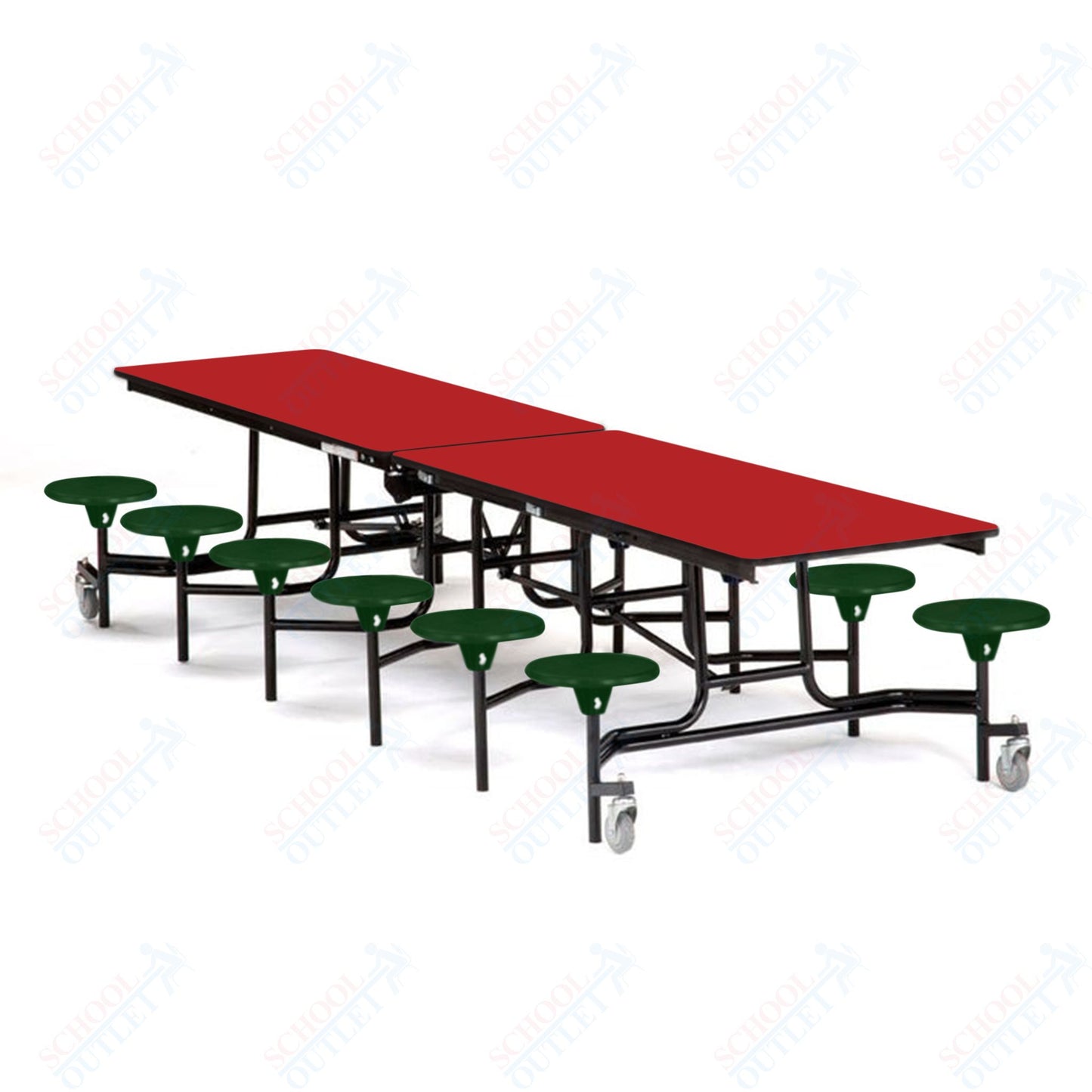 Mobile Cafeteria Lunchroom Stool Table - 30" W x 12' L - 12 Stools - Plywood Core - T-Molding Edge -  Black Powdercoated Frame