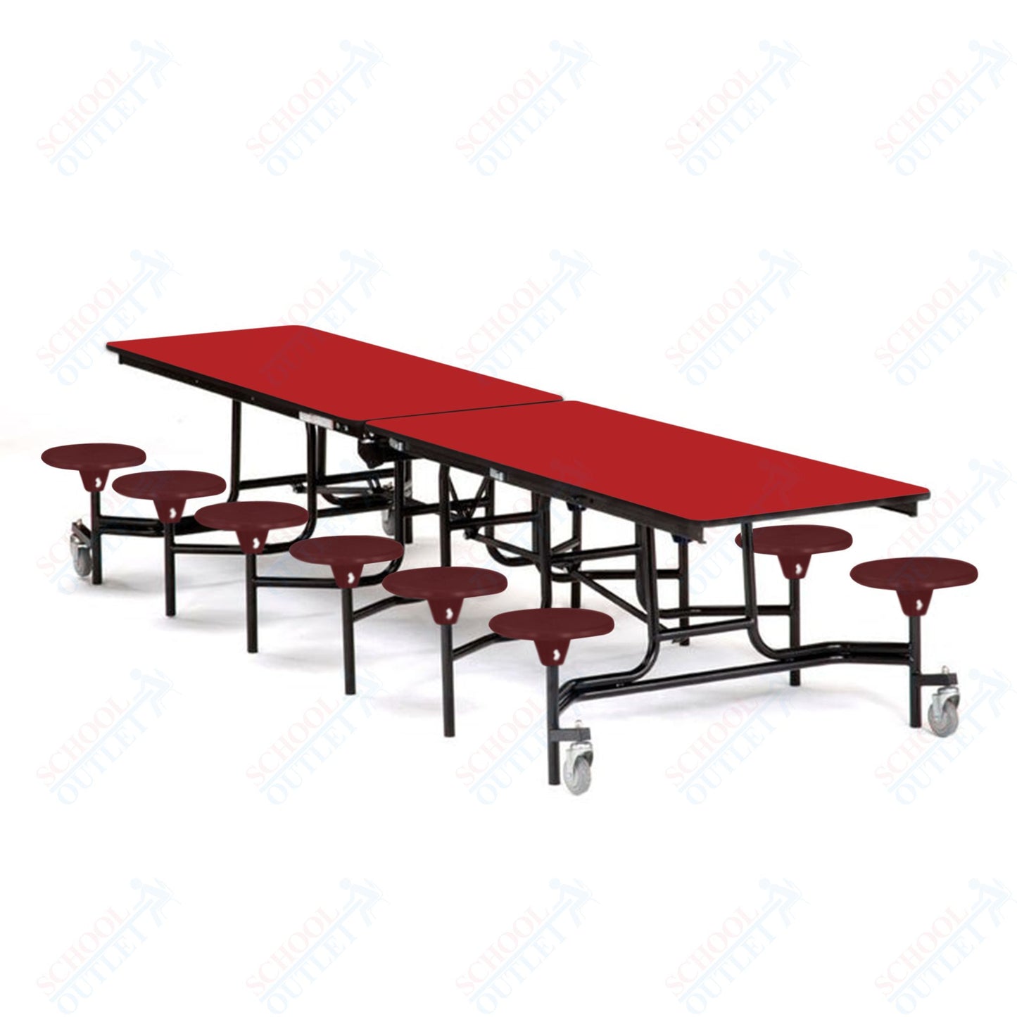 Mobile Cafeteria Lunchroom Stool Table - 30" W x 12' L - 12 Stools - Plywood Core - T-Molding Edge -  Black Powdercoated Frame