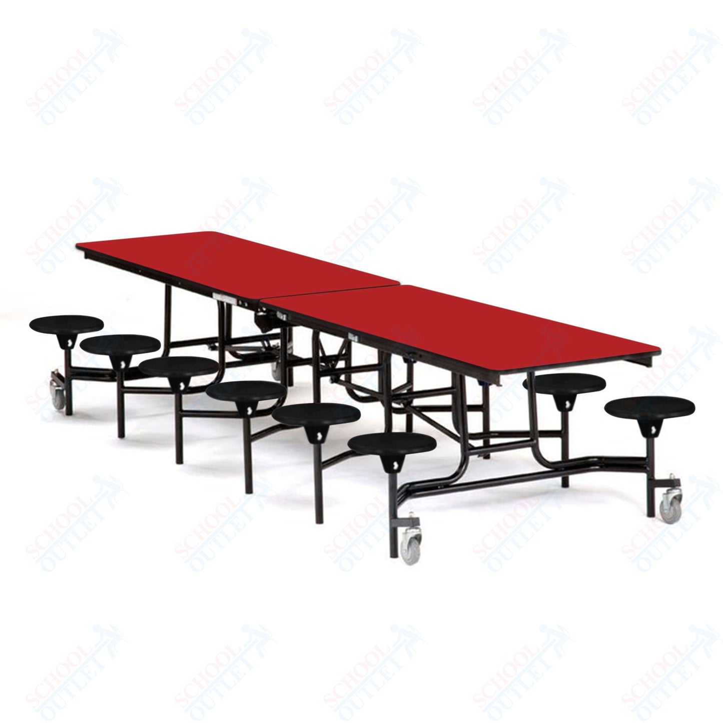 Mobile Cafeteria Lunchroom Stool Table - 30" W x 12' L - 12 Stools - Plywood Core - T-Molding Edge -  Black Powdercoated Frame
