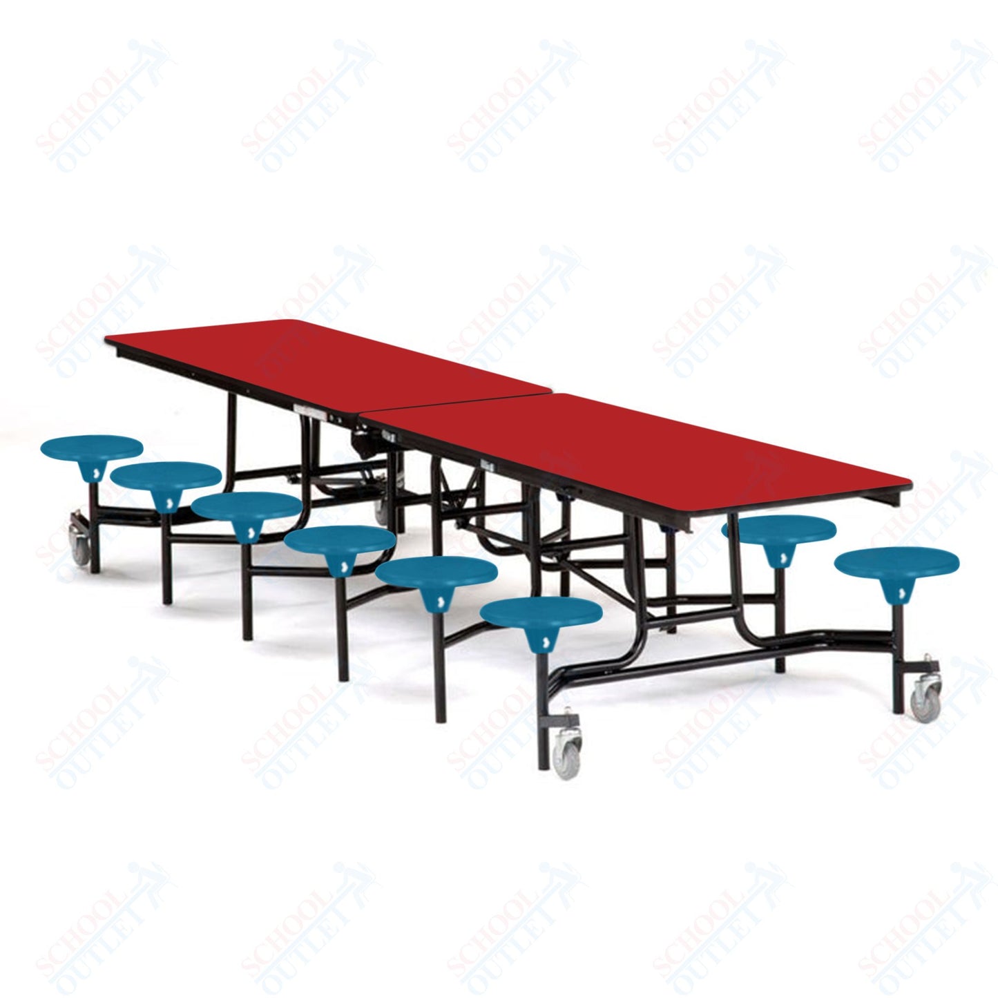 Mobile Cafeteria Lunchroom Stool Table - 30" W x 12' L - 12 Stools - Plywood Core - T-Molding Edge -  Black Powdercoated Frame