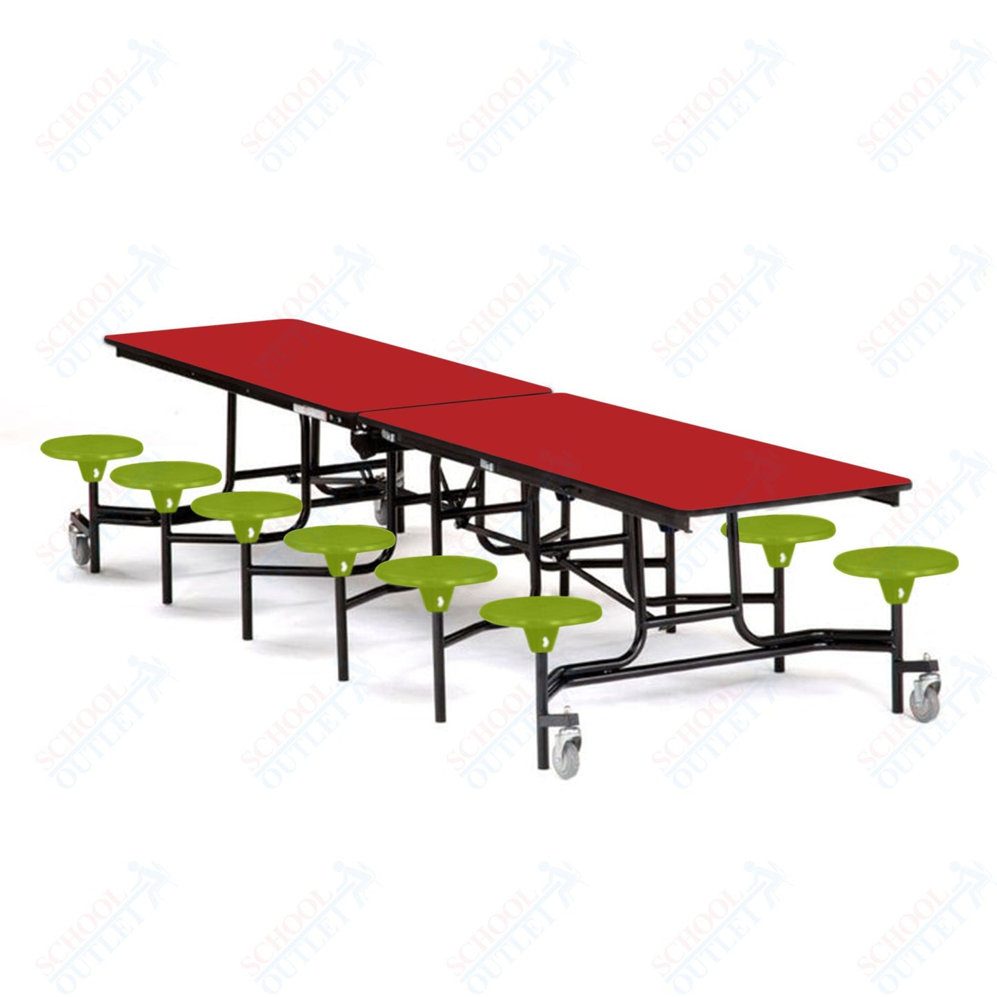 Mobile Cafeteria Lunchroom Stool Table - 30" W x 12' L - 12 Stools - Plywood Core - T-Molding Edge -  Black Powdercoated Frame