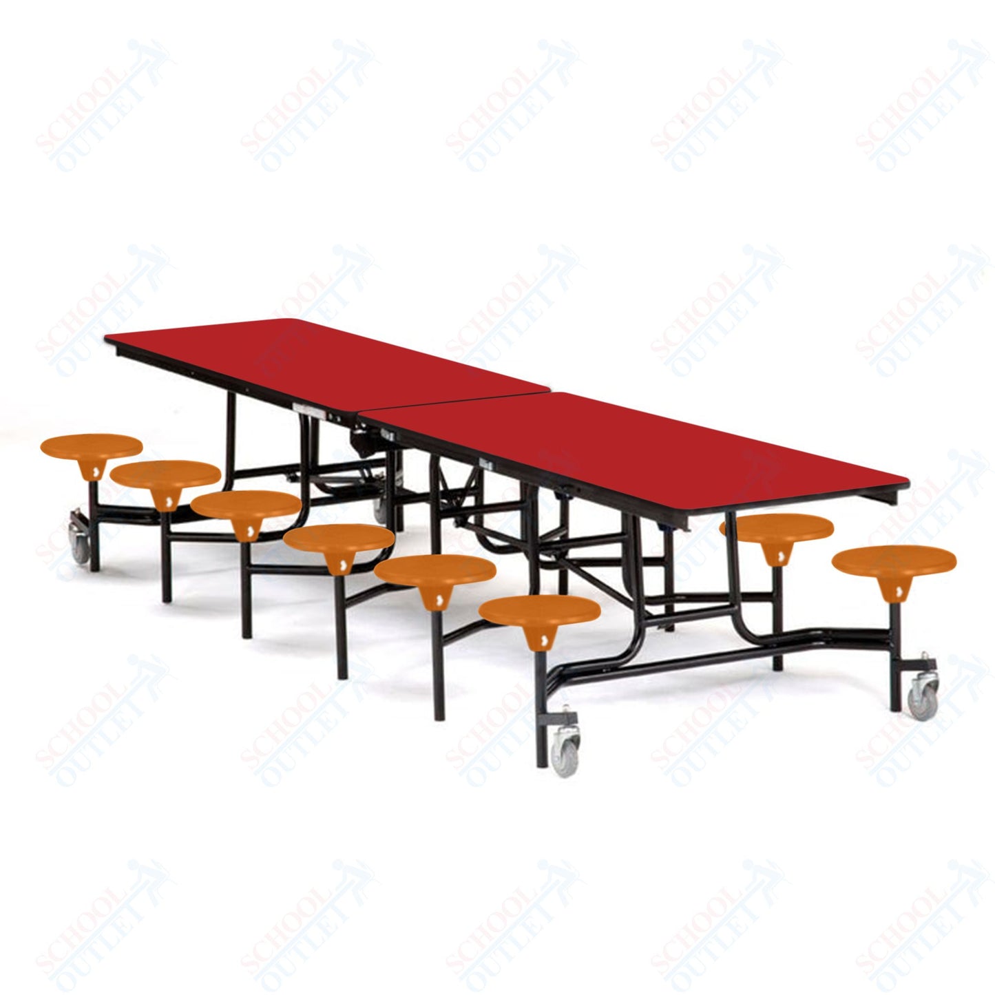 Mobile Cafeteria Lunchroom Stool Table - 30" W x 12' L - 12 Stools - Plywood Core - T-Molding Edge -  Black Powdercoated Frame