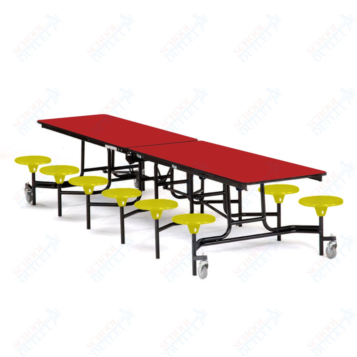 Mobile Cafeteria Lunchroom Stool Table - 30" W x 12' L - 12 Stools - Plywood Core - T-Molding Edge -  Black Powdercoated Frame