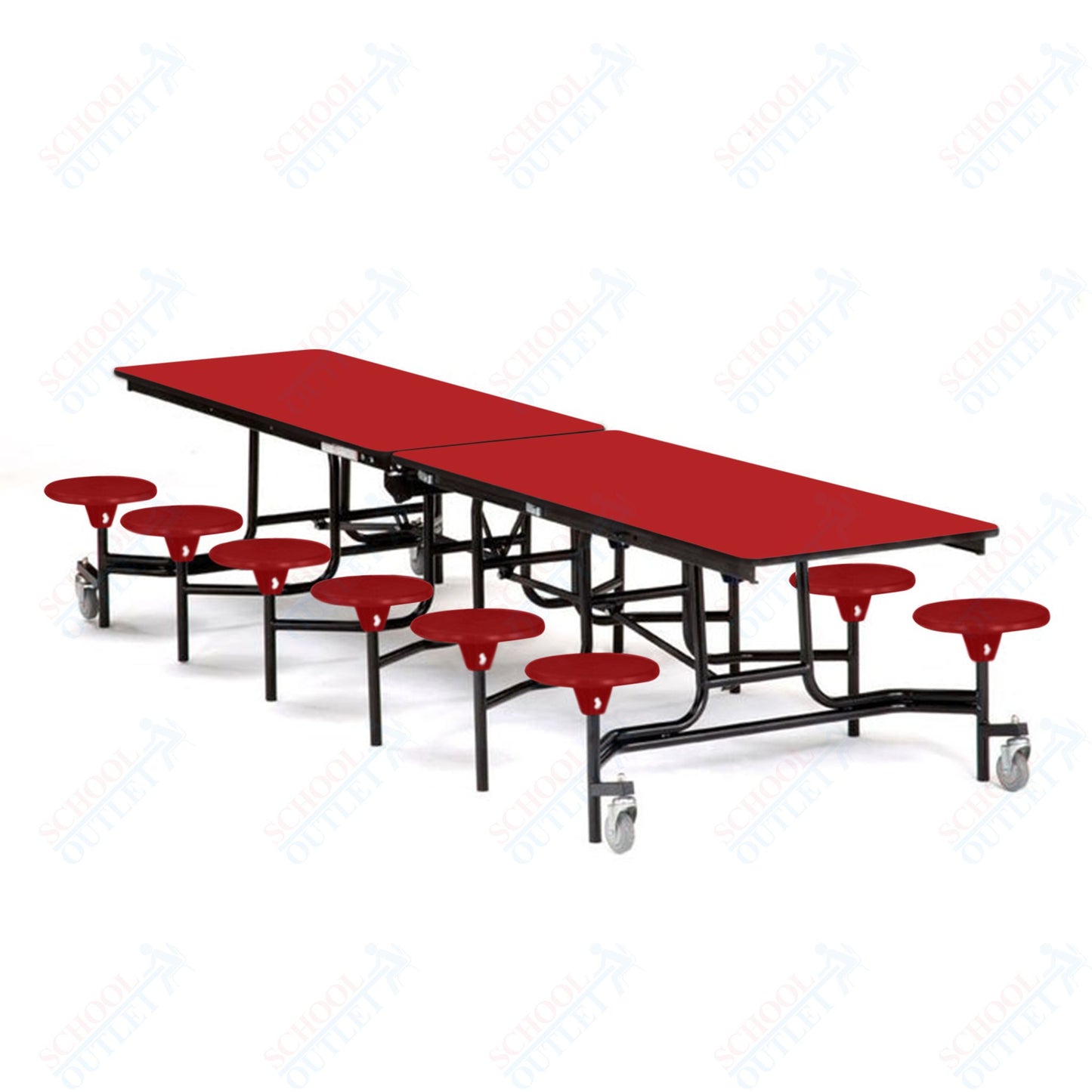 Mobile Cafeteria Lunchroom Stool Table - 30" W x 12' L - 12 Stools - Plywood Core - T-Molding Edge -  Black Powdercoated Frame