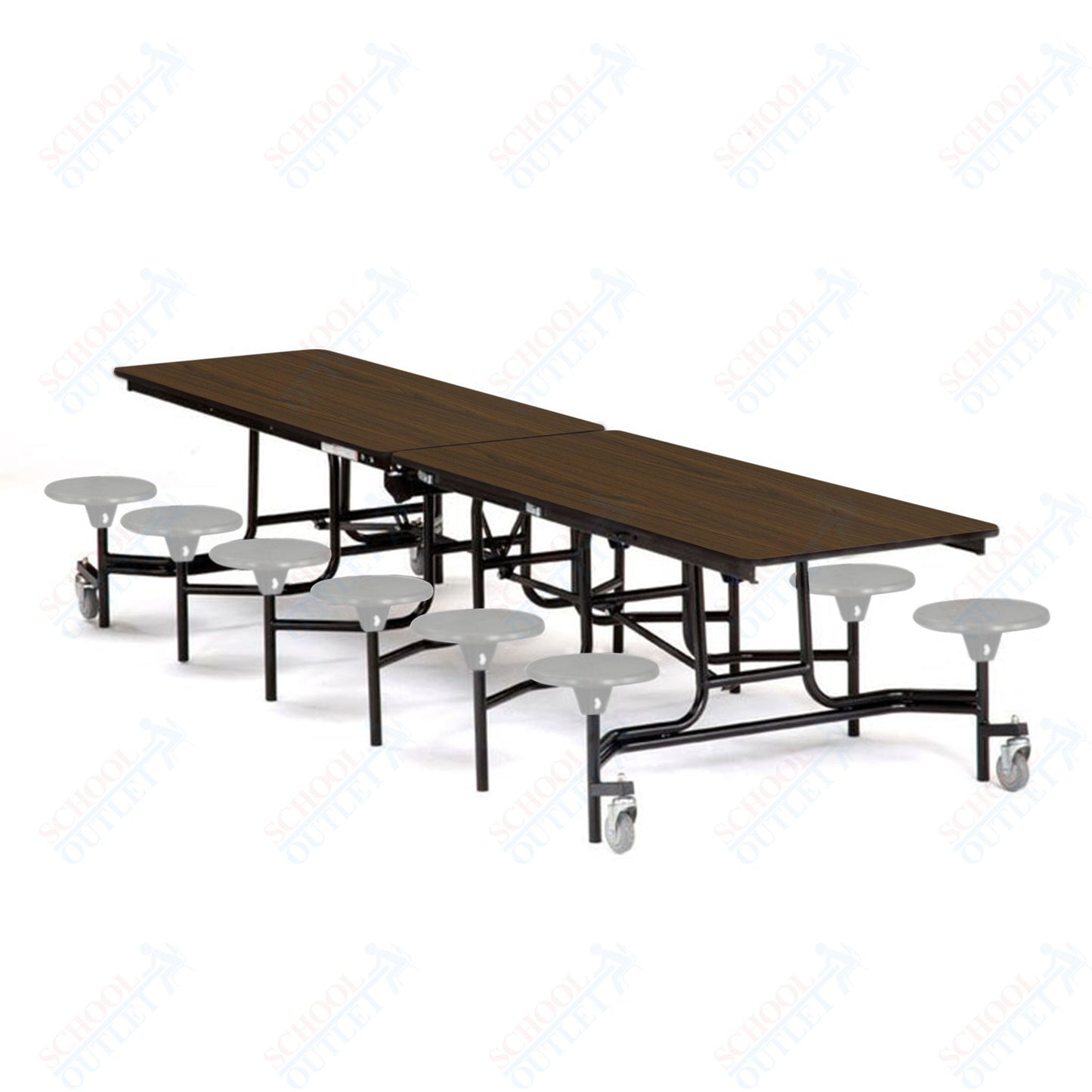 Mobile Cafeteria Lunchroom Stool Table - 30" W x 12' L - 12 Stools - Plywood Core - T-Molding Edge -  Black Powdercoated Frame