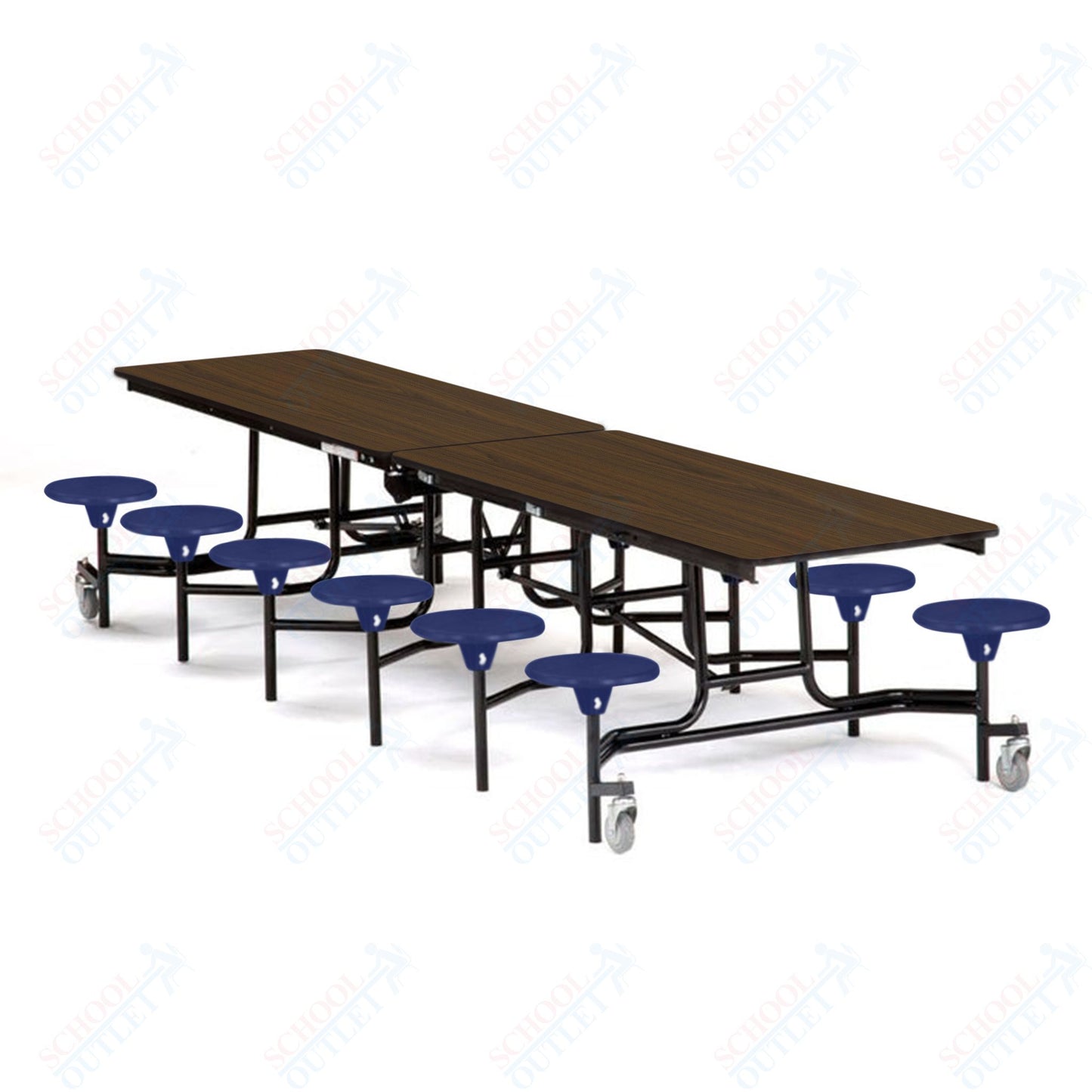 Mobile Cafeteria Lunchroom Stool Table - 30" W x 12' L - 12 Stools - Plywood Core - T-Molding Edge -  Black Powdercoated Frame
