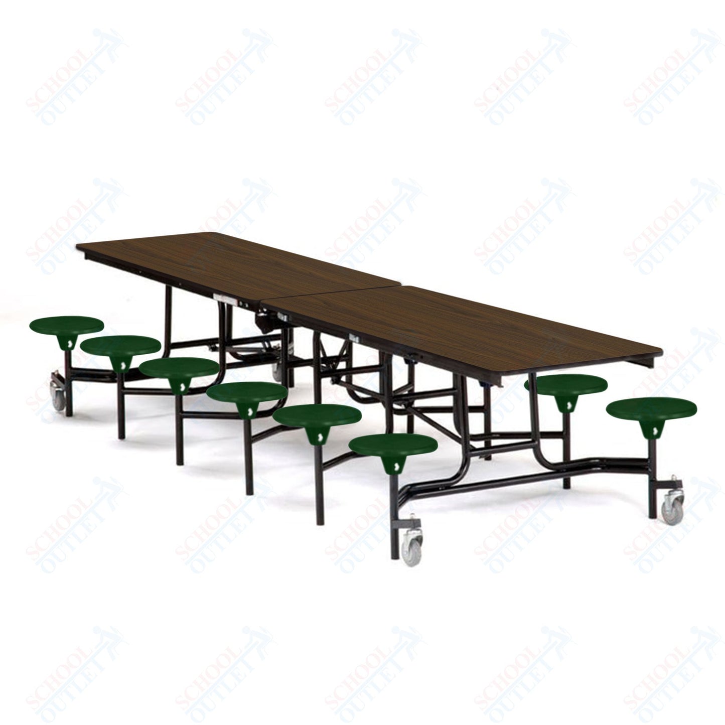 Mobile Cafeteria Lunchroom Stool Table - 30" W x 12' L - 12 Stools - Plywood Core - T-Molding Edge -  Black Powdercoated Frame