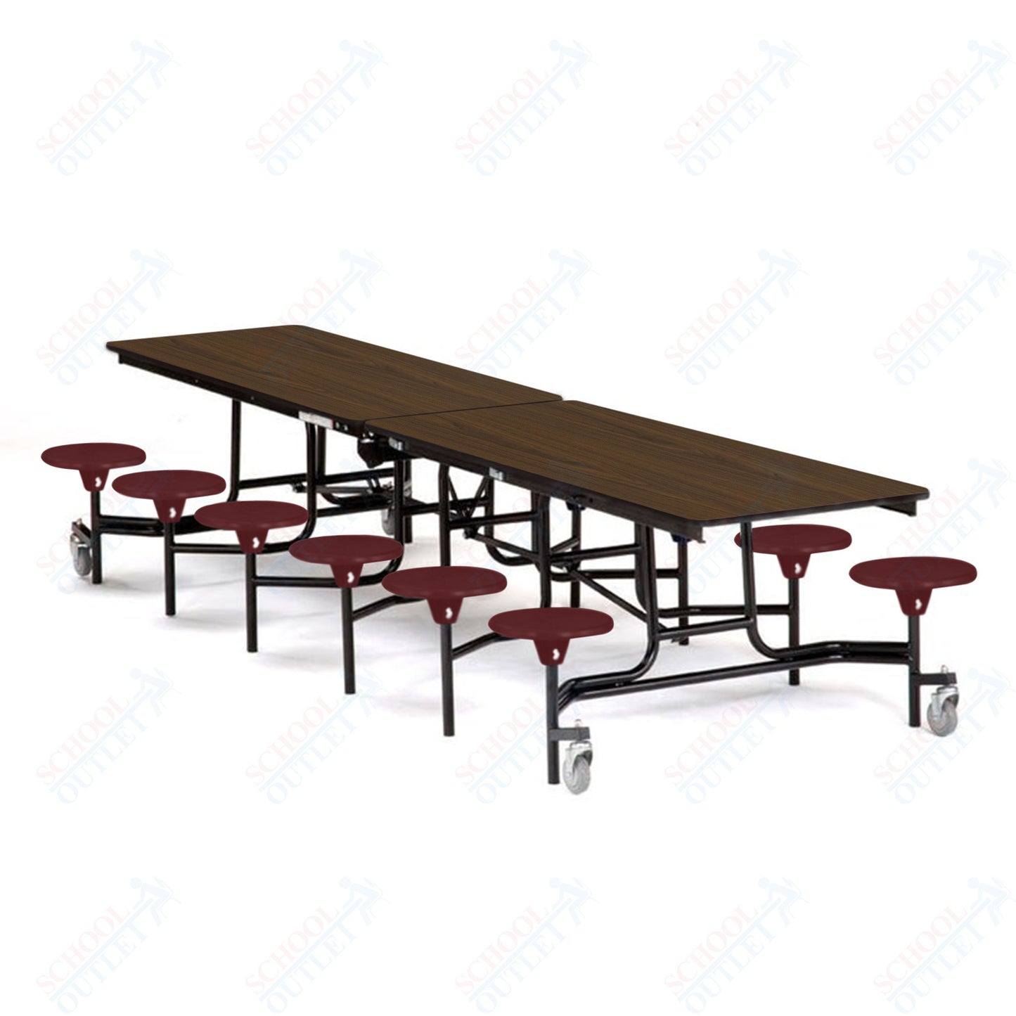 Mobile Cafeteria Lunchroom Stool Table - 30" W x 12' L - 12 Stools - Plywood Core - T-Molding Edge -  Black Powdercoated Frame