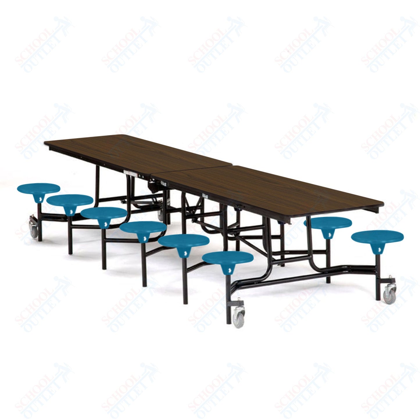 Mobile Cafeteria Lunchroom Stool Table - 30" W x 12' L - 12 Stools - Plywood Core - T-Molding Edge -  Black Powdercoated Frame