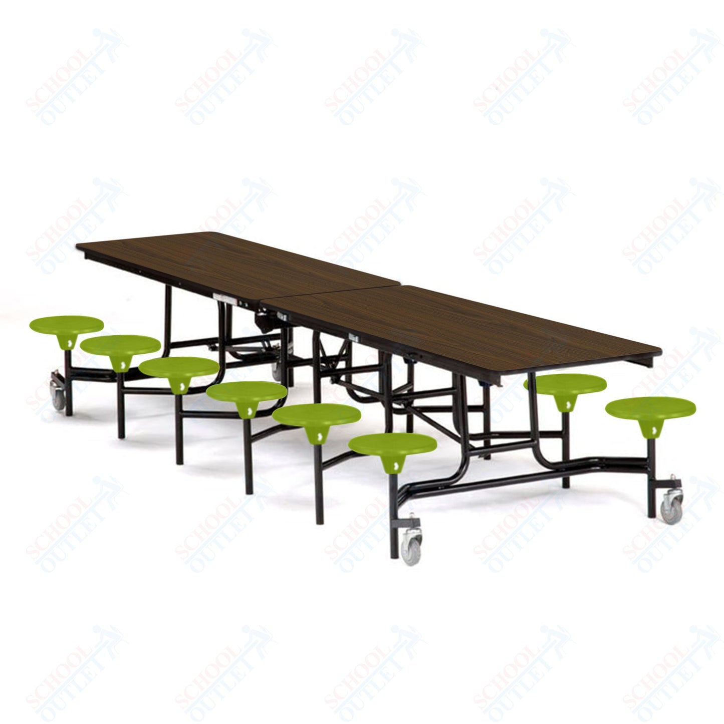 Mobile Cafeteria Lunchroom Stool Table - 30" W x 12' L - 12 Stools - Plywood Core - T-Molding Edge -  Black Powdercoated Frame