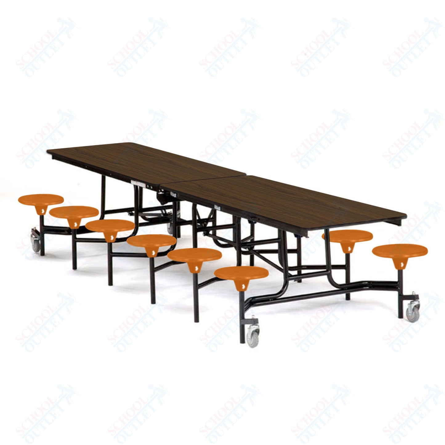Mobile Cafeteria Lunchroom Stool Table - 30" W x 12' L - 12 Stools - Plywood Core - T-Molding Edge -  Black Powdercoated Frame