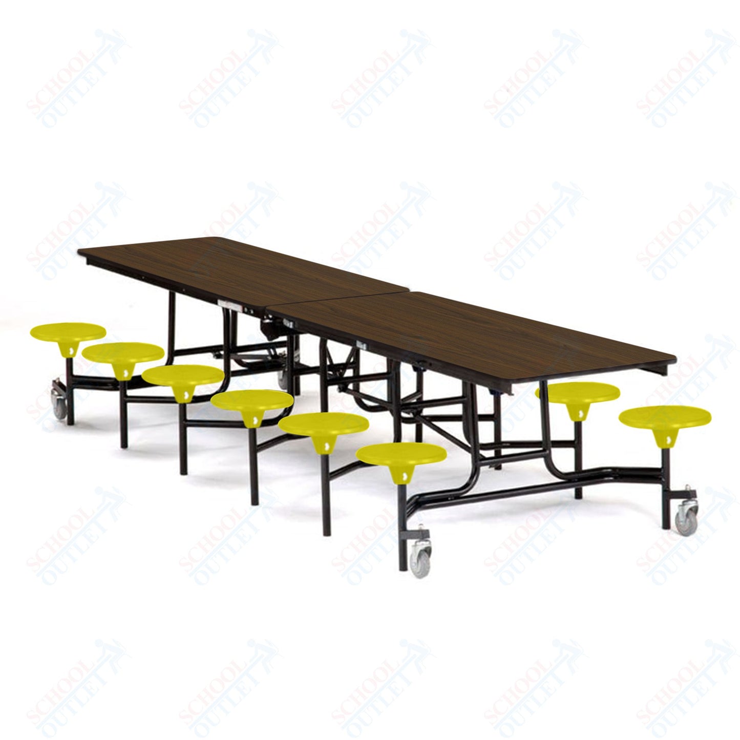 Mobile Cafeteria Lunchroom Stool Table - 30" W x 12' L - 12 Stools - Plywood Core - T-Molding Edge -  Black Powdercoated Frame