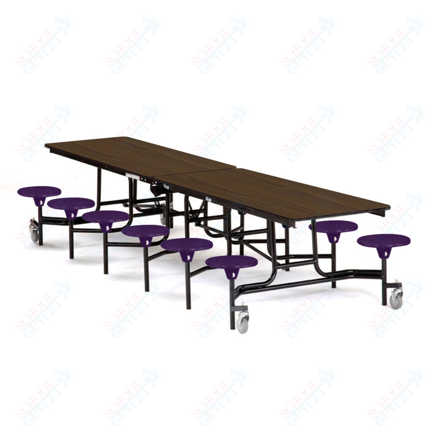 Mobile Cafeteria Lunchroom Stool Table - 30" W x 12' L - 12 Stools - Plywood Core - T-Molding Edge -  Black Powdercoated Frame