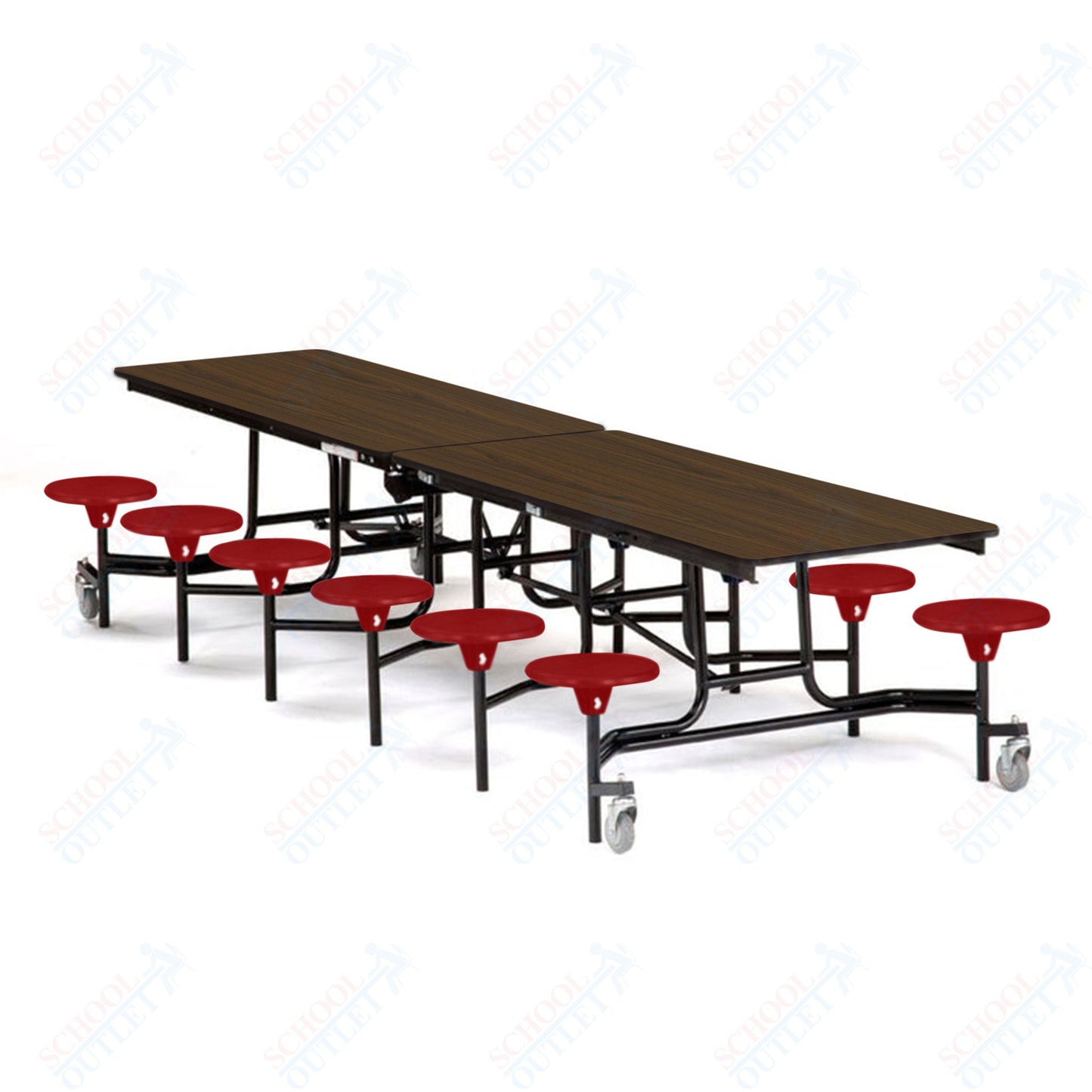 Mobile Cafeteria Lunchroom Stool Table - 30" W x 12' L - 12 Stools - Plywood Core - T-Molding Edge -  Black Powdercoated Frame