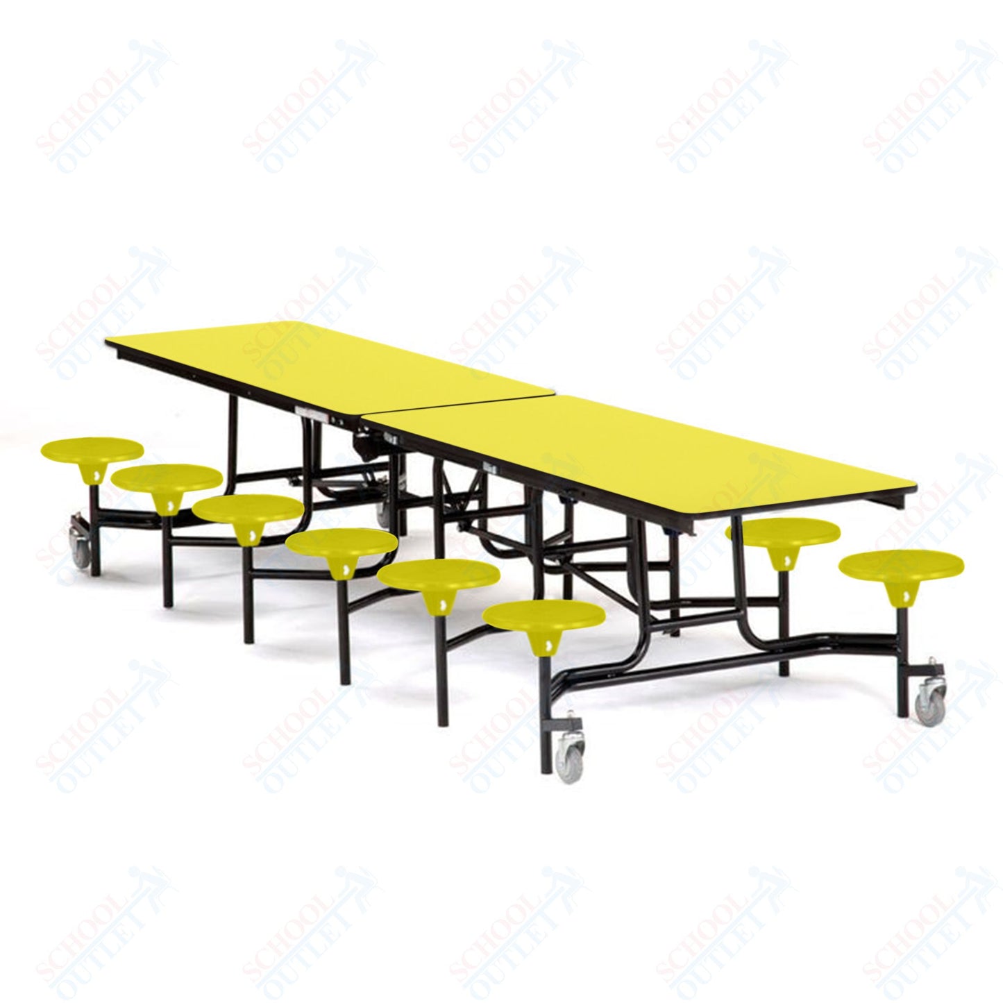 Mobile Cafeteria Lunchroom Stool Table - 30" W x 12' L - 12 Stools - Plywood Core - T-Molding Edge -  Black Powdercoated Frame