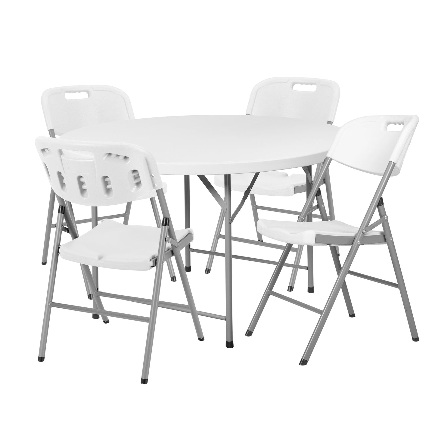 Regency Trestle 4 ft Round Folding Table and 4 Chairs Set 48"W x 48"D x 29"H (REG-TBM48RNDWH42WH)