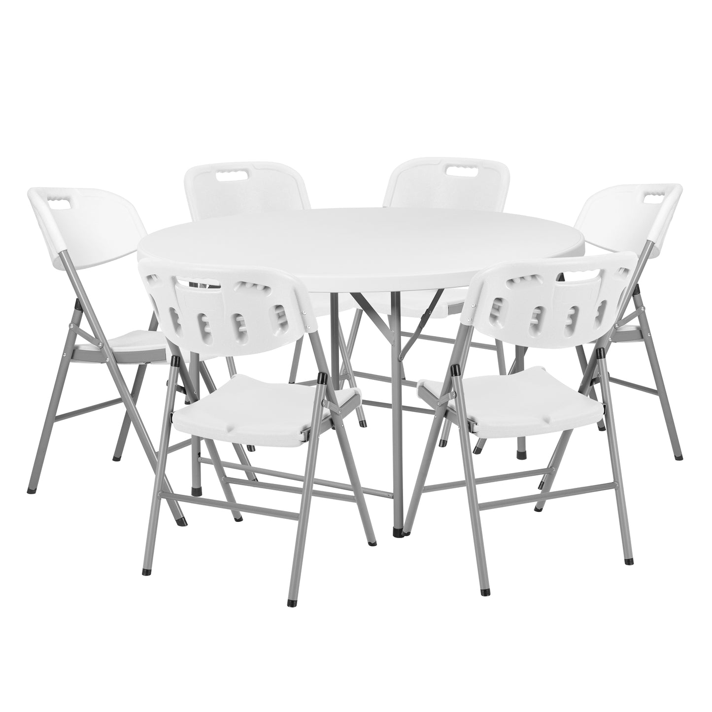 Regency Trestle 6 ft Round Folding Table and 6 Chairs Set 72"W x 72"D x 29"H (REG-TBM72RNDWH42WH)
